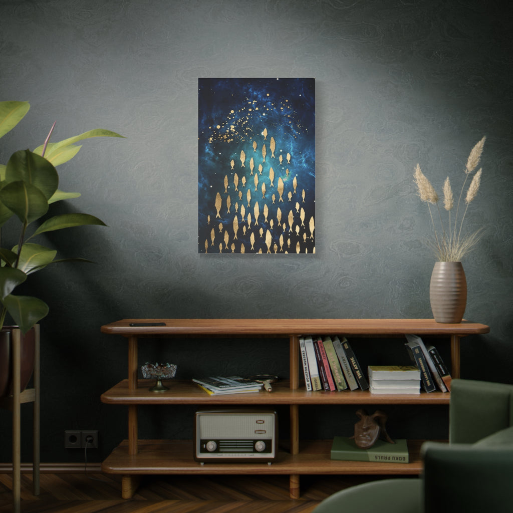 Gold Fish Galaxy Canvas Wall Art — Navy Blue Matte Stretched Canvas