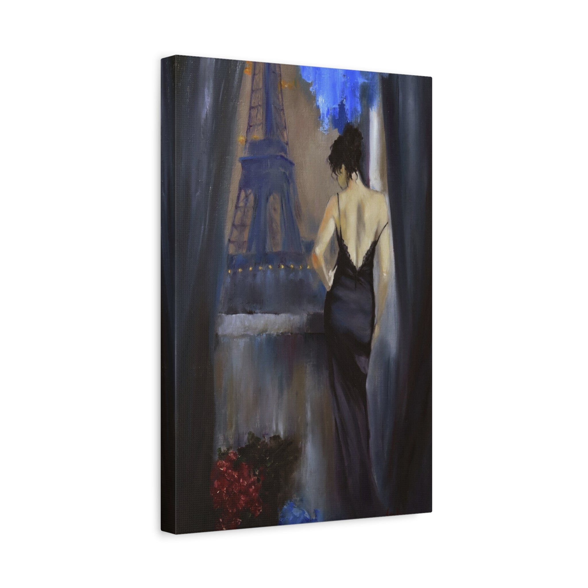 Paris Evening Canvas Wall Art — Woman in Black Dress, Eiffel Tower Stretched Print 