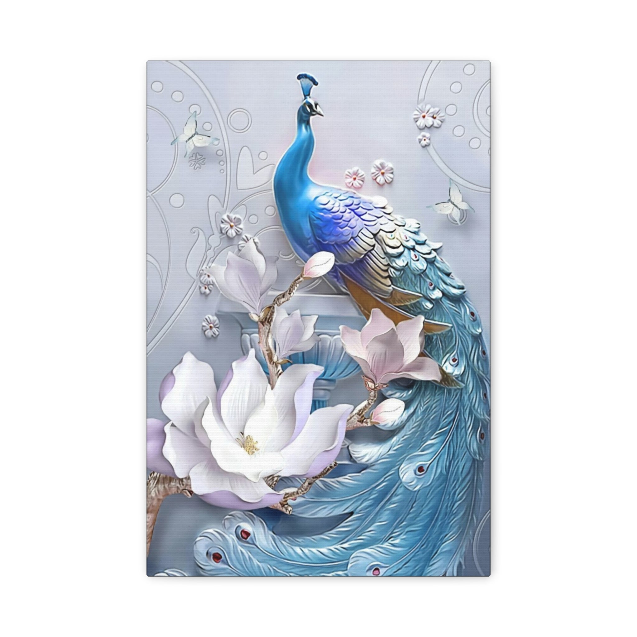 Blue Peacock Floral Canvas Wall Art — Matte Stretched 1.25" 