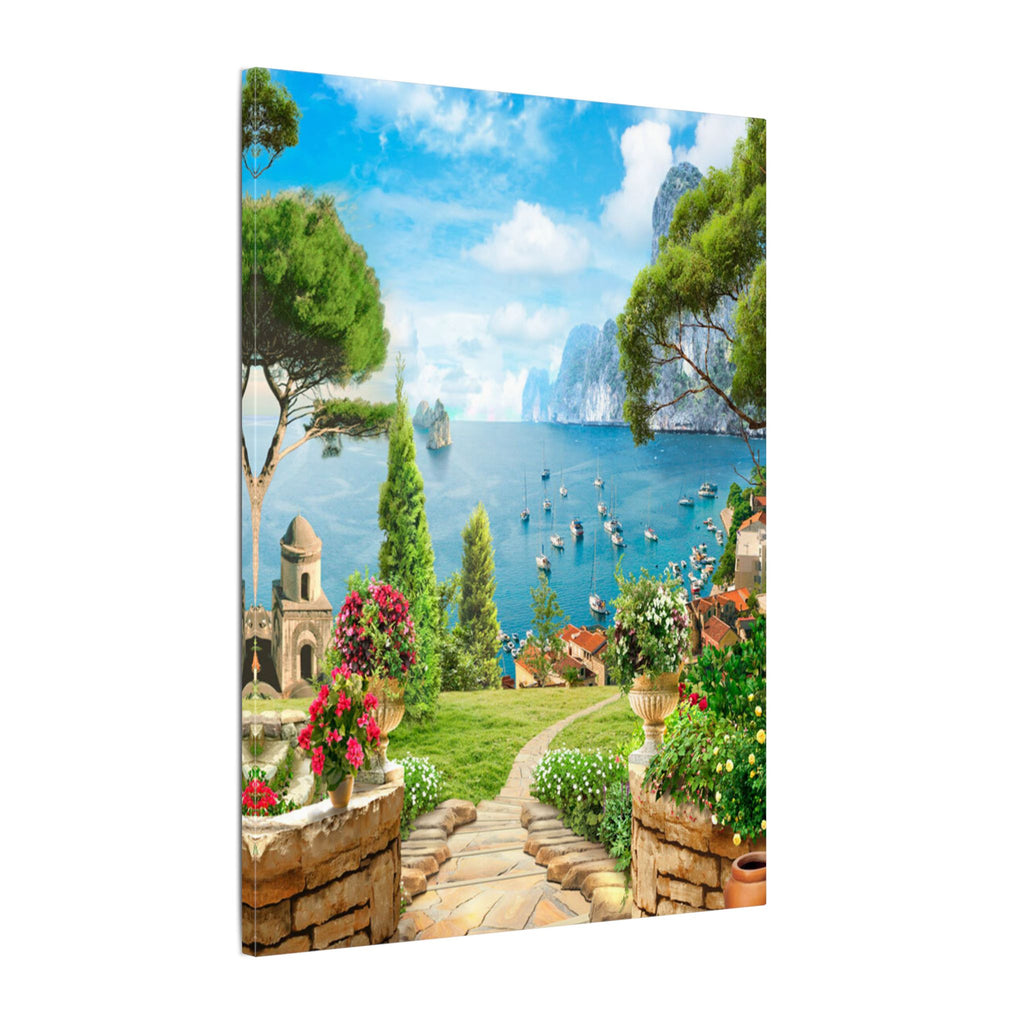 Canvas Wall Art - Mediterranean Seaside Pathway Painting (Matte Stretched Canvas)
