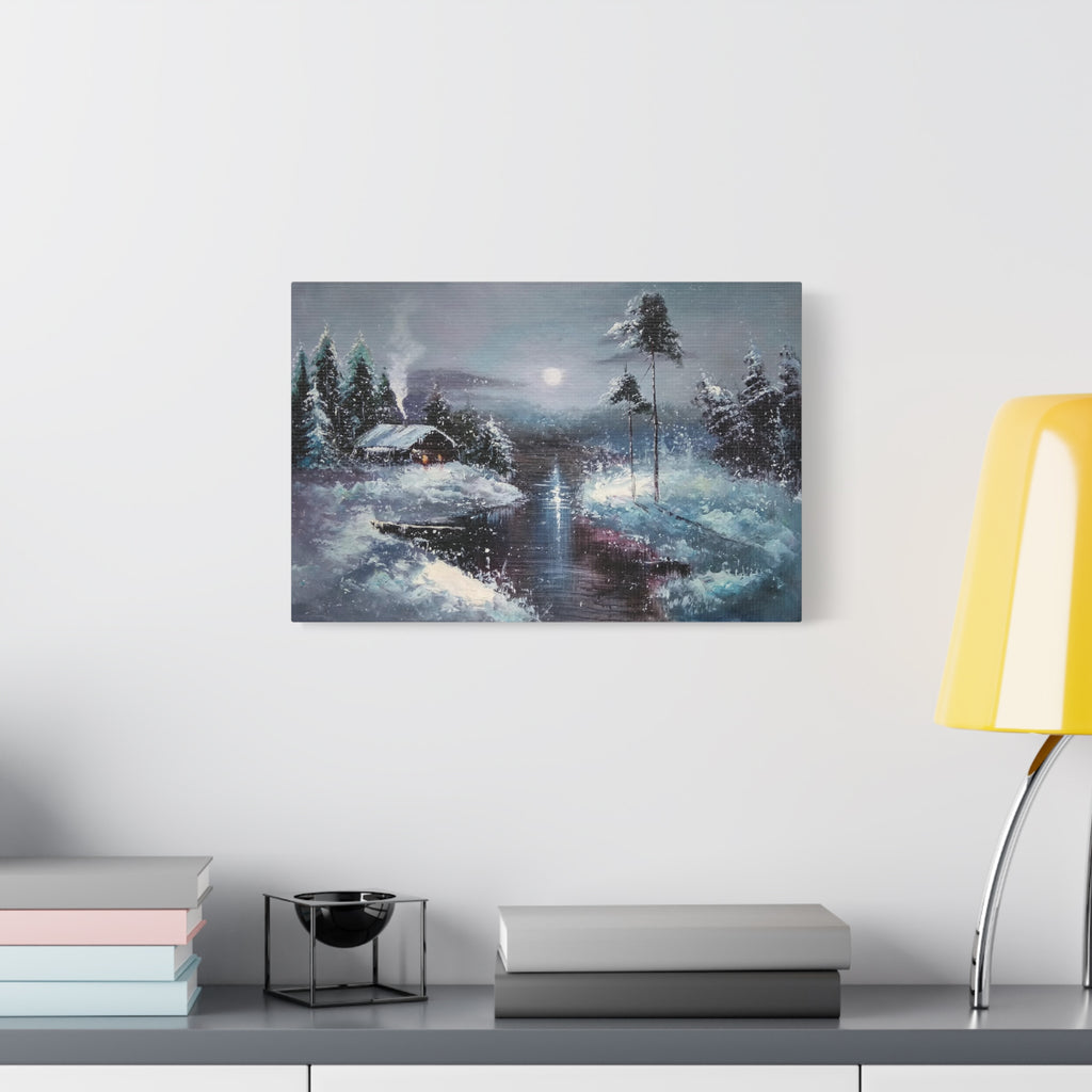 Winter Moonlit Lake Canvas Wall Art — Cozy Snowy Cabin Landscape 