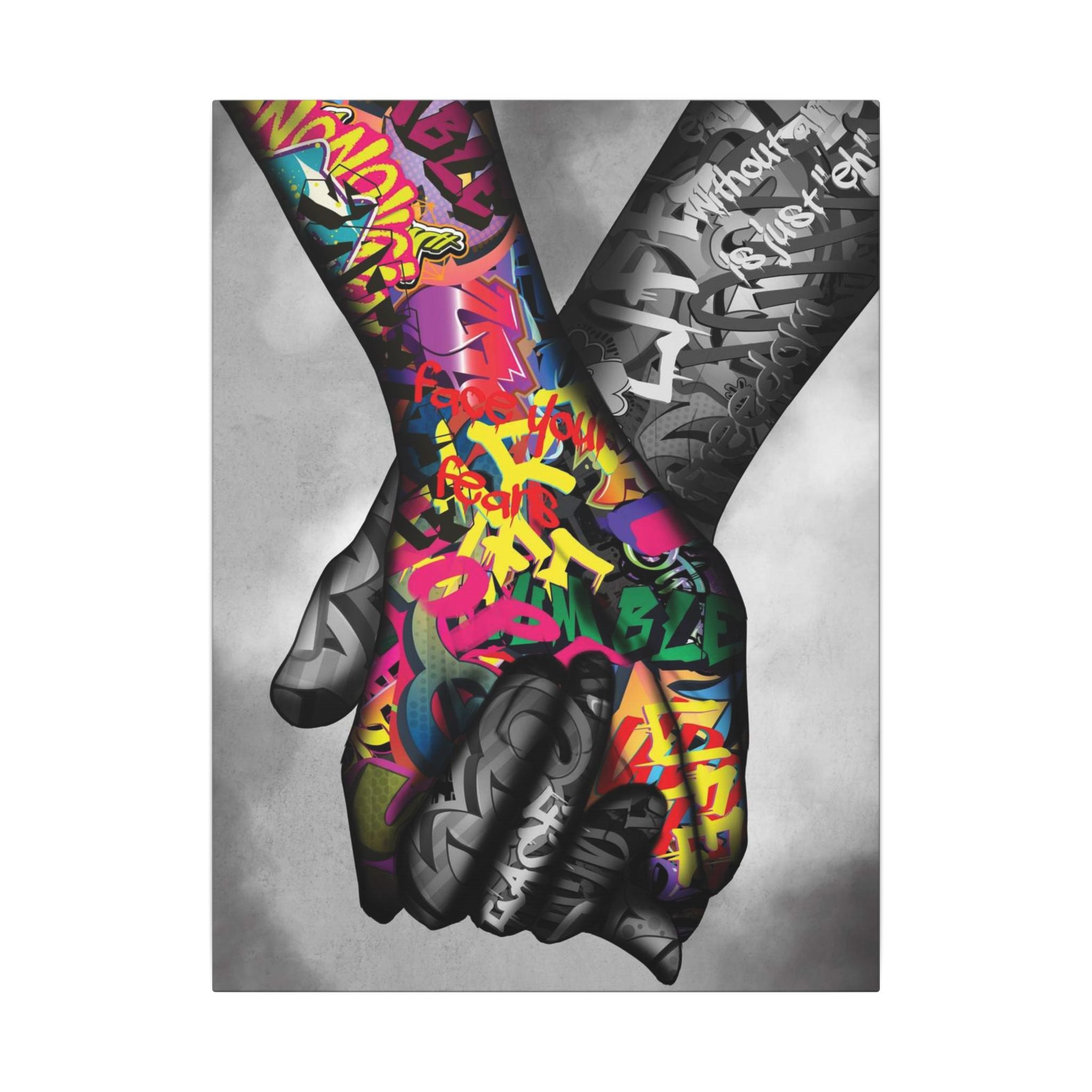 Graffiti Hands Canvas Print — Colorful Holding Hands Wall Art 