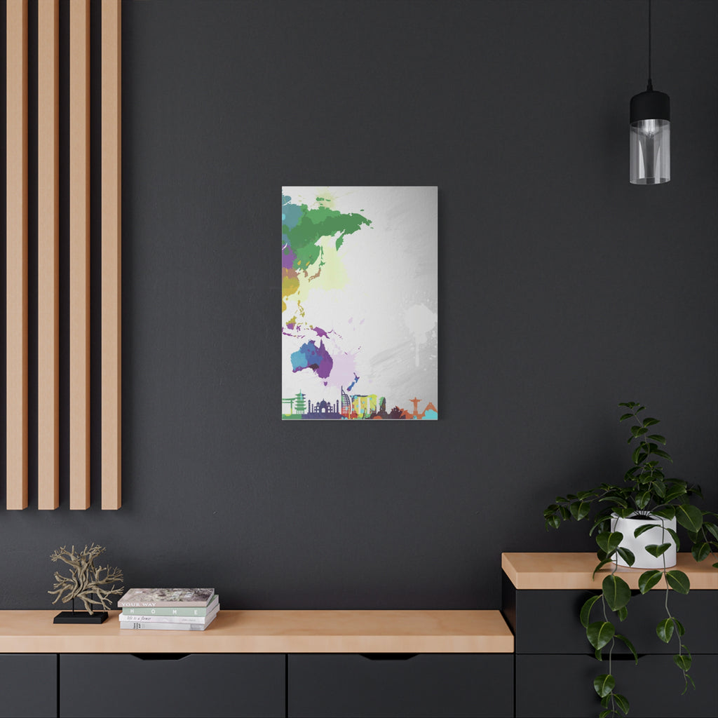 World Map Silhouette Canvas – Colorful Travel Skyline Wall Art