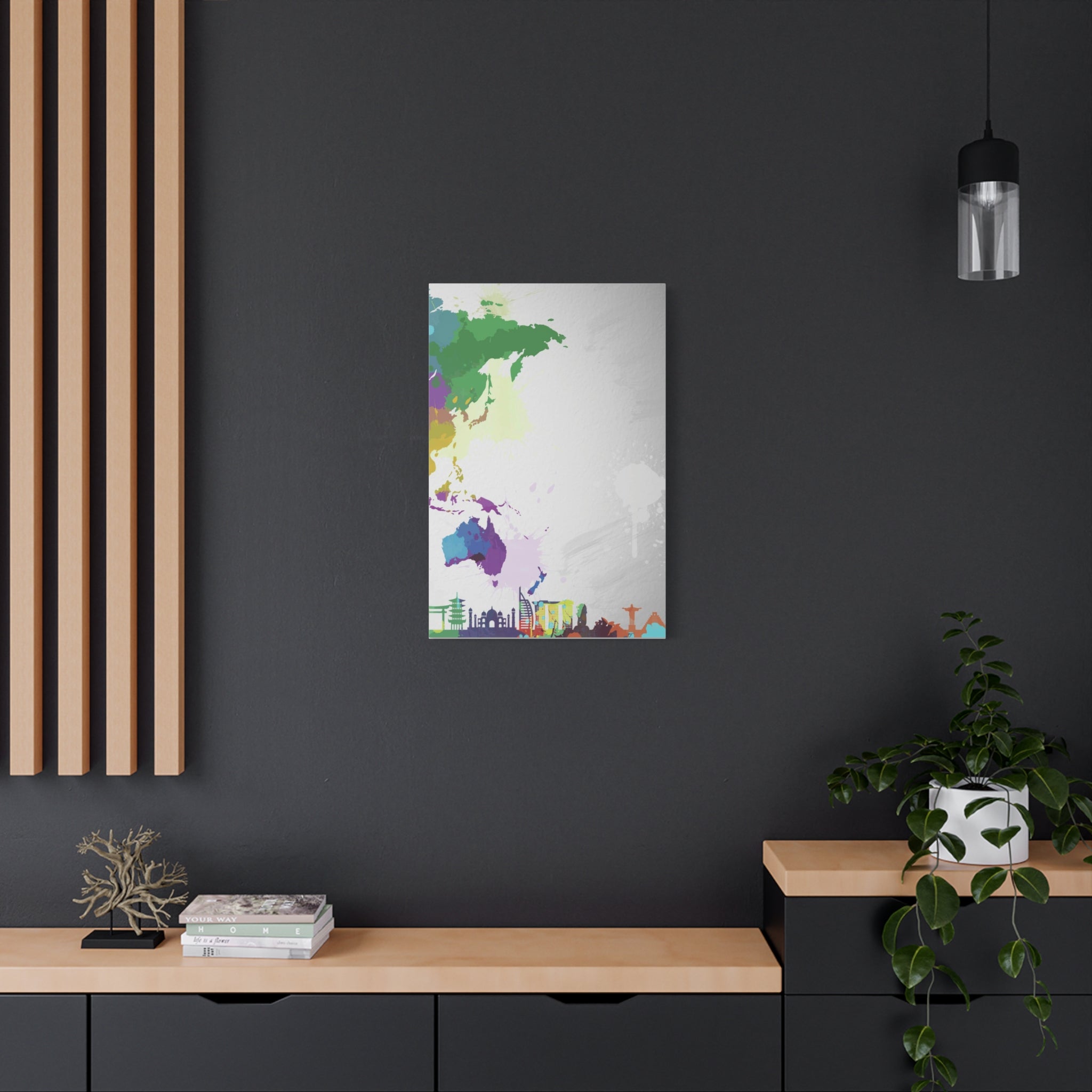 World Map Silhouette Canvas – Colorful Travel Skyline Wall Art