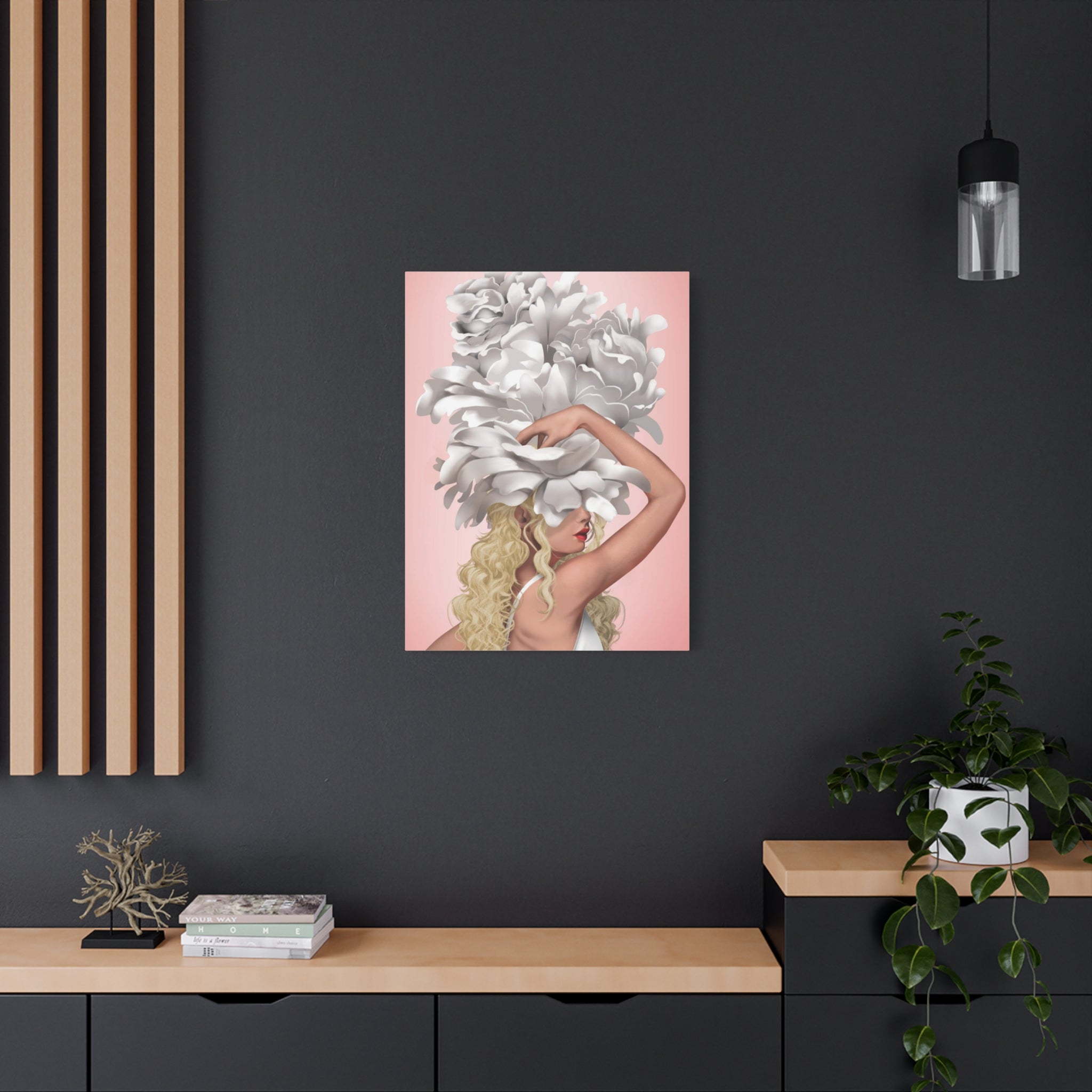 Blushing Muse Floral Canvas Print — Woman with Oversized White Peony Hat