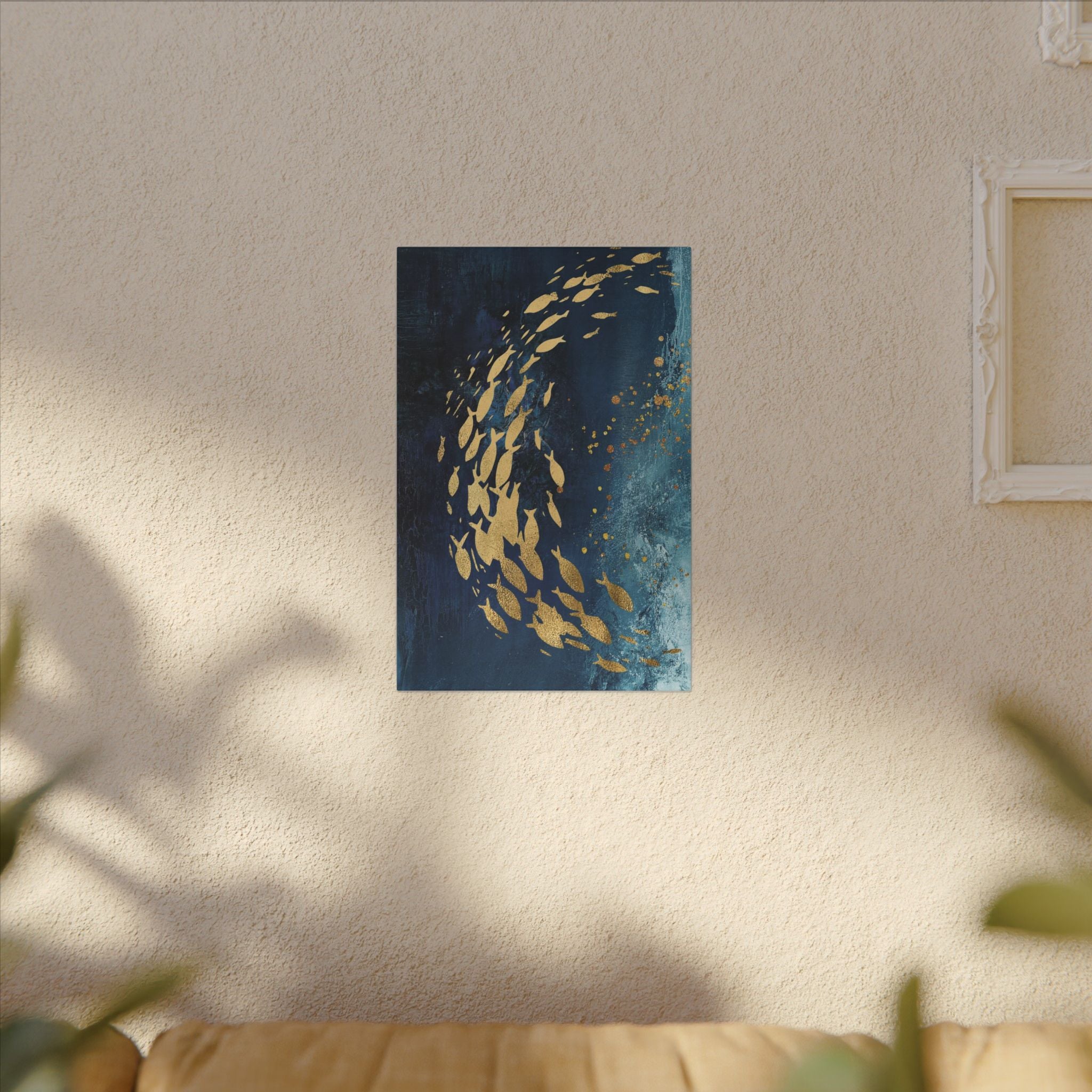 Abstract Gold Fish Canvas — Navy Ocean Wall Art (Matte Stretched)