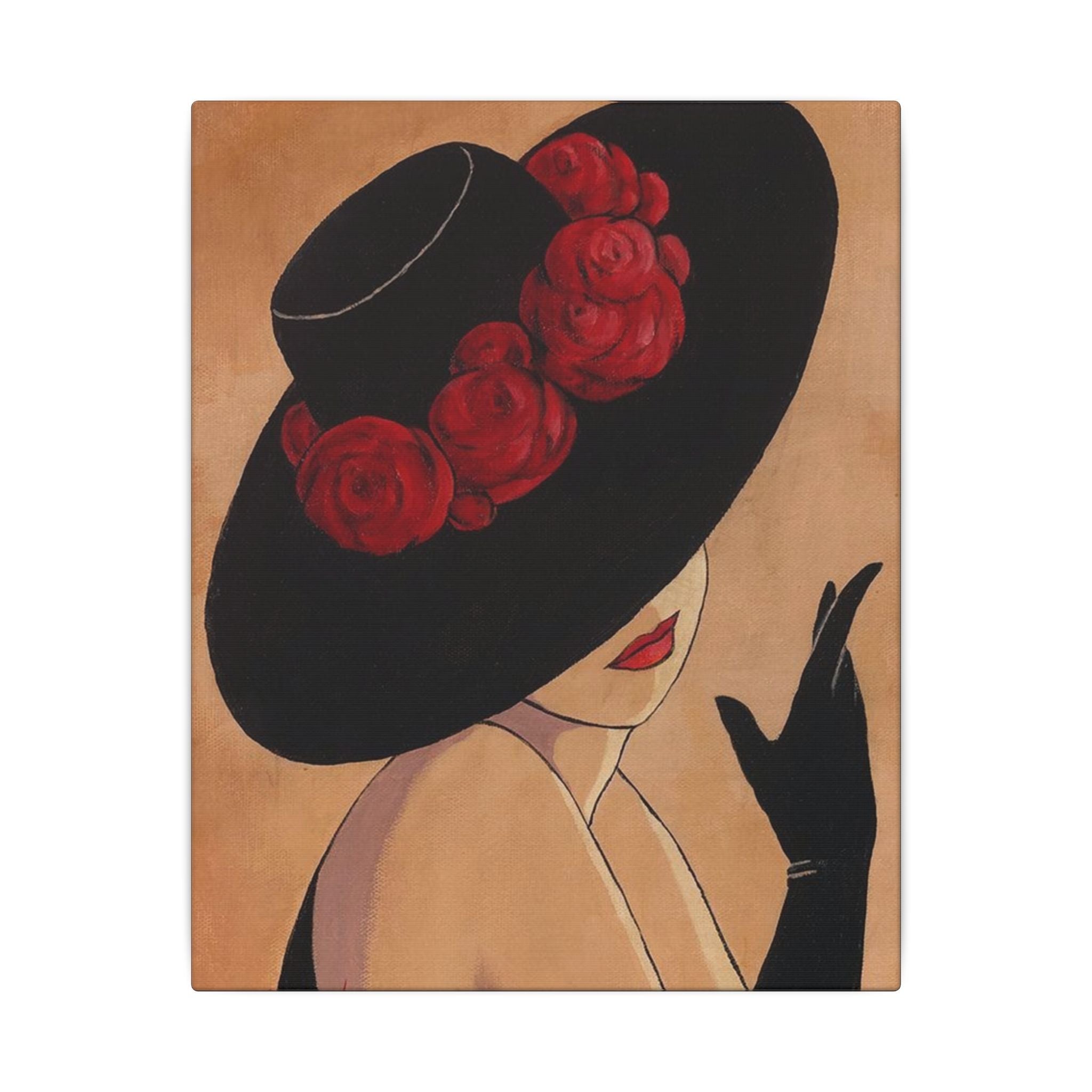 Elegant Lady in Black Hat Canvas Wall Art — Vintage Fashion Portrait 
