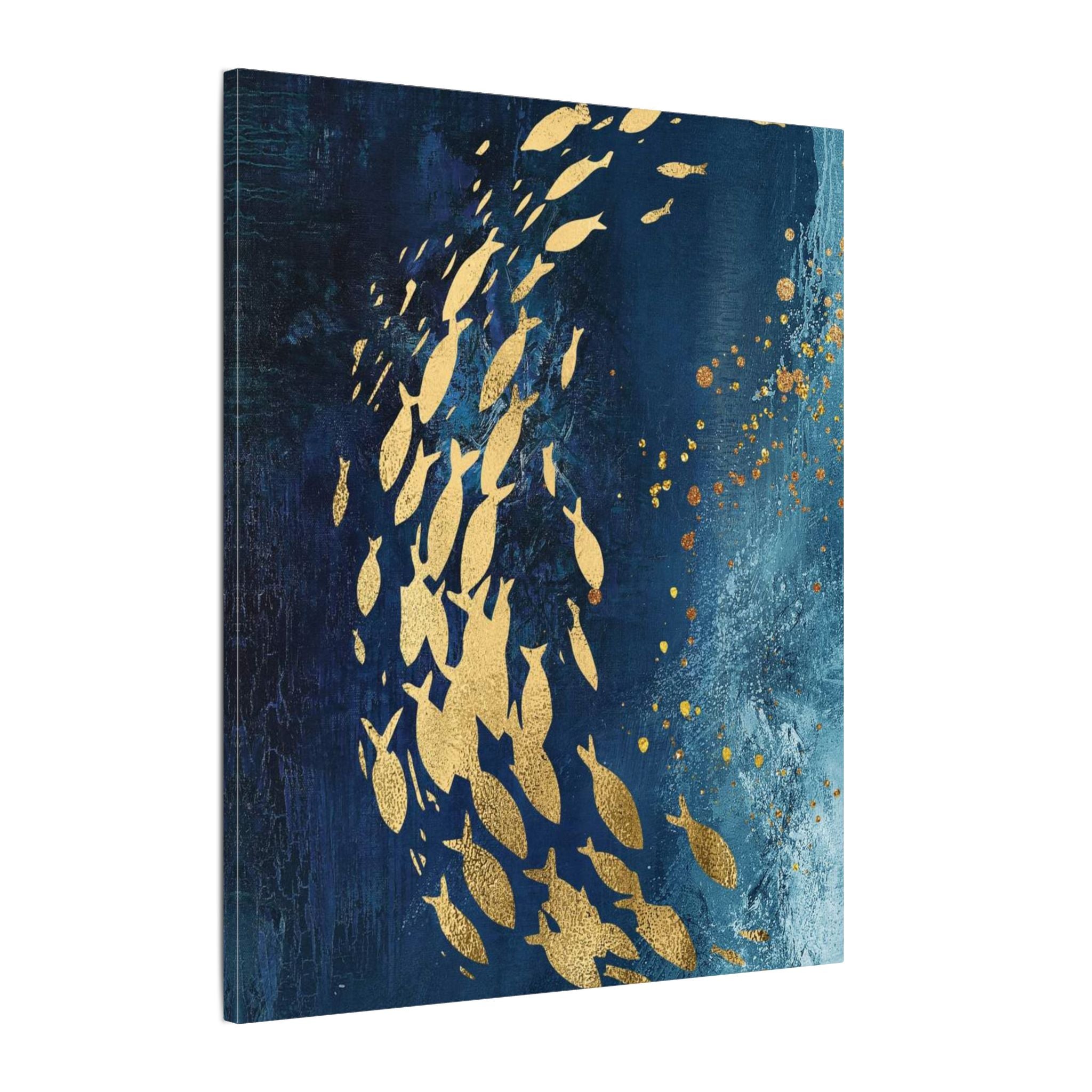 Abstract Gold Fish Canvas — Navy Ocean Wall Art (Matte Stretched)