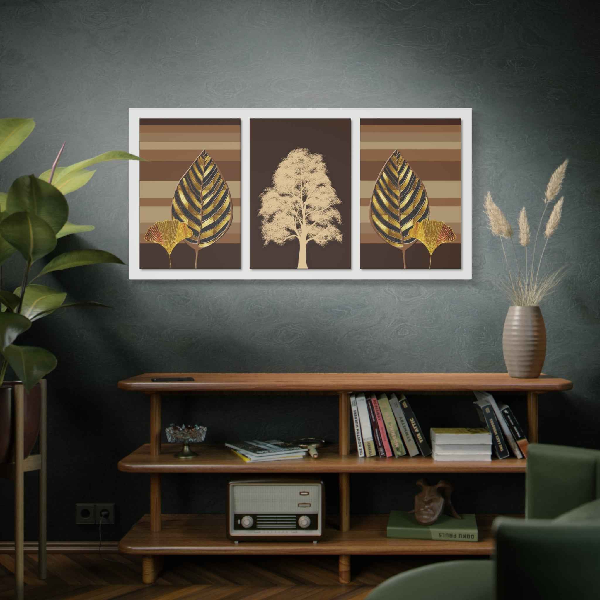 Golden Botanical Leaf Triptych Canvas Wall Art – Luxury Nature Decor