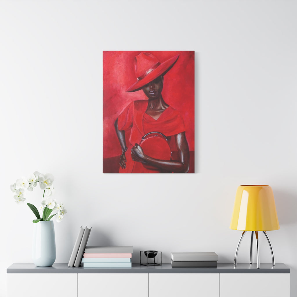 Elegant Red Hat Lady Canvas Print — Fashion Portrait Matte Stretched Wall Art 