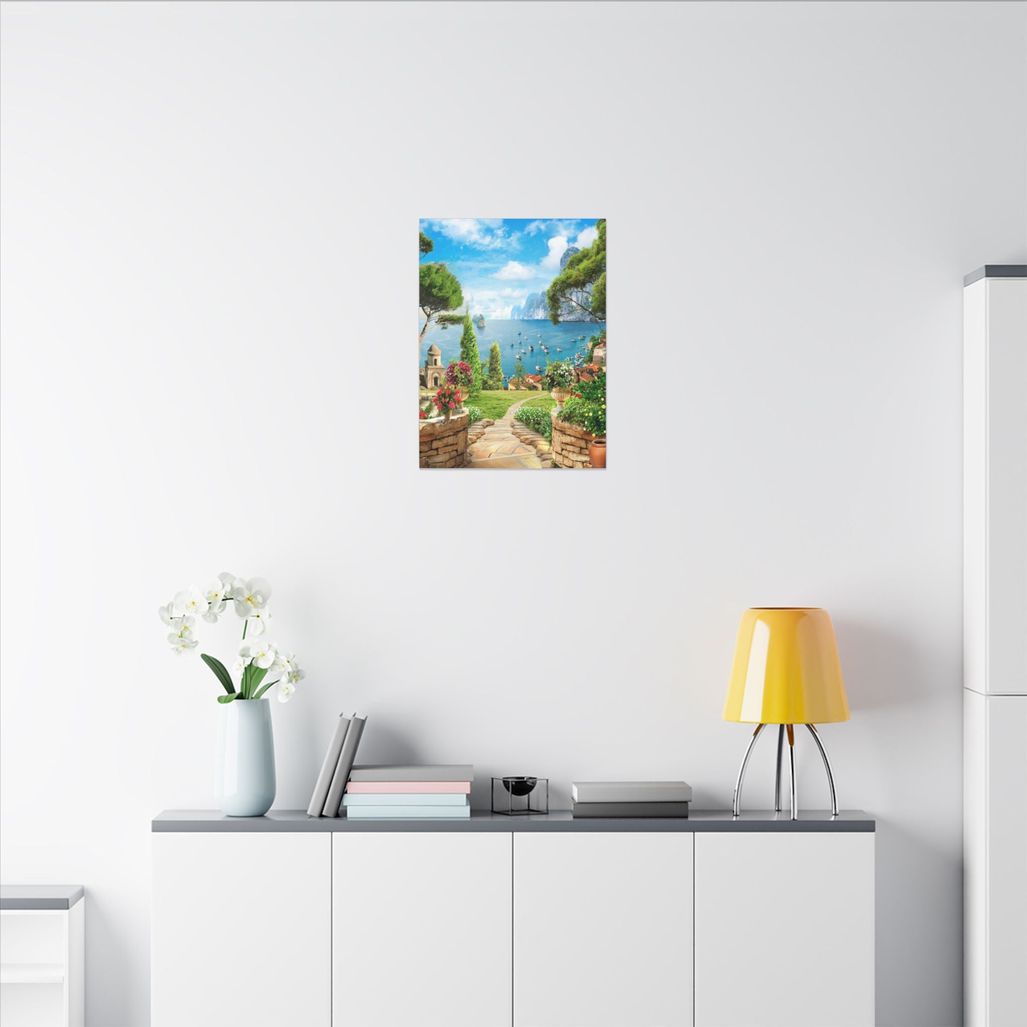 Canvas Wall Art - Mediterranean Seaside Pathway Painting (Matte Stretched Canvas)