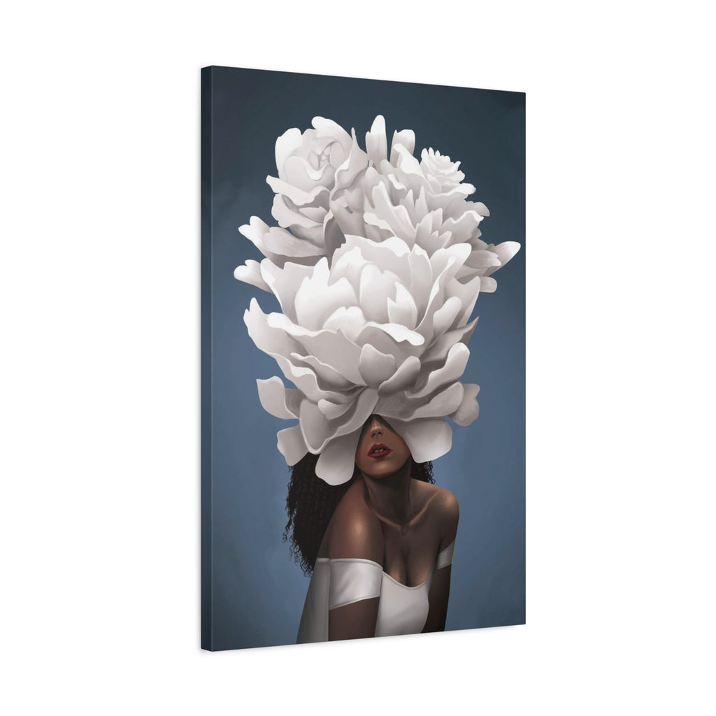 Floral Veil Canvas Wall Art — Elegant Woman with Oversized White Peony 