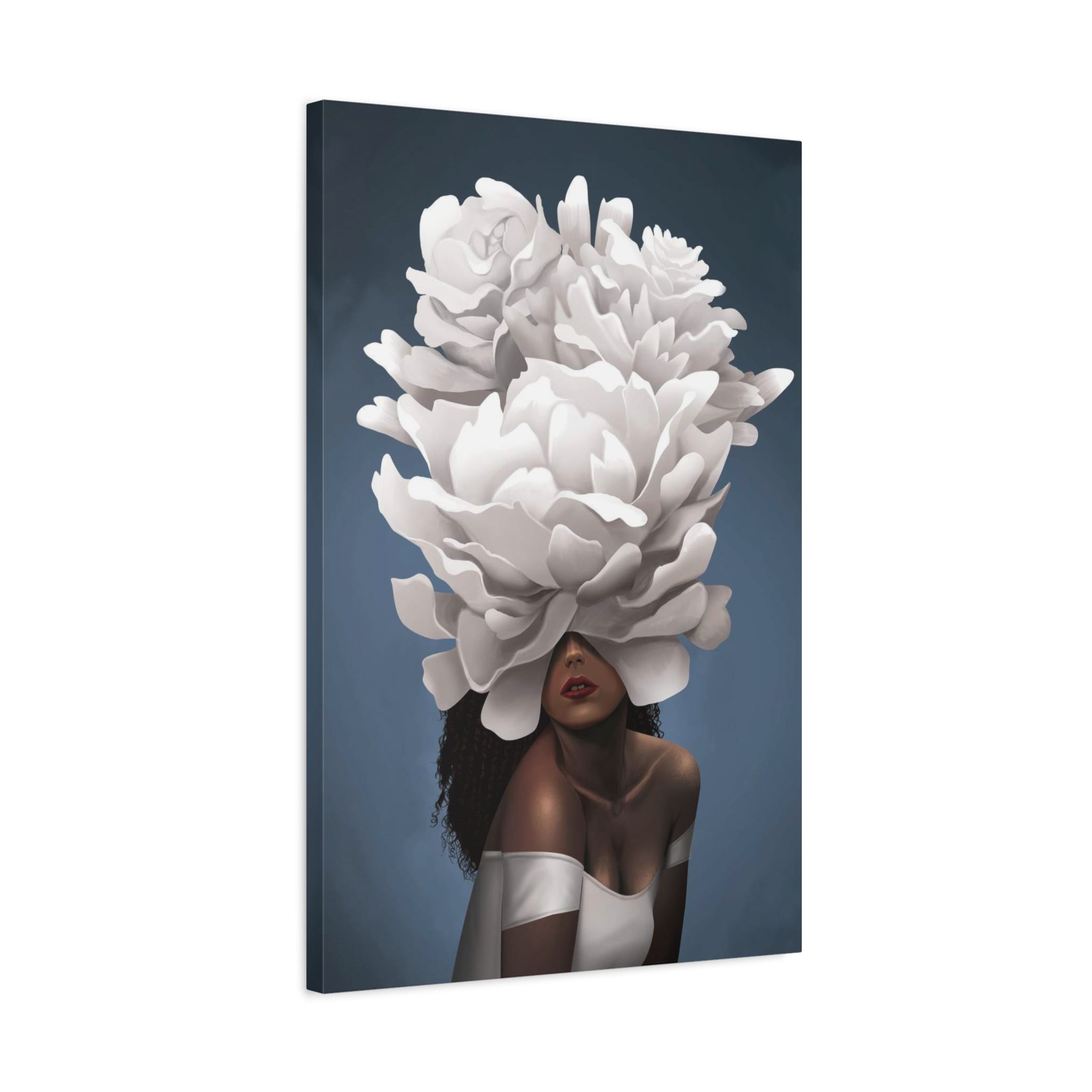Floral Veil Canvas Wall Art — Elegant Woman with Oversized White Peony 