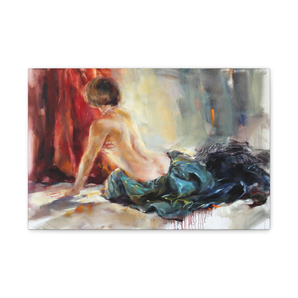Figurative Nude Oil Painting Canvas — Seated Woman, Matte Stretched Wall Art 
