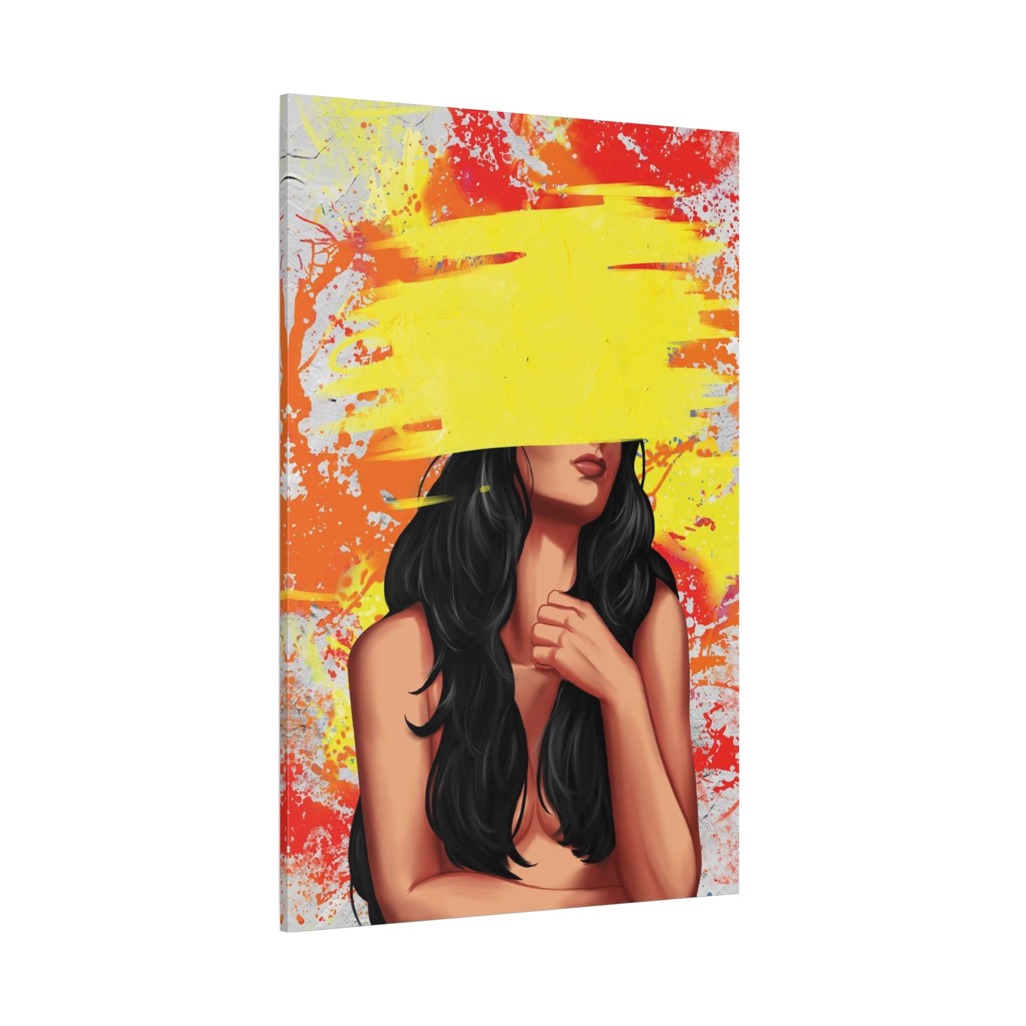 Abstract Femme Nude Canvas Art – Yellow Paint Stroke Portrait 