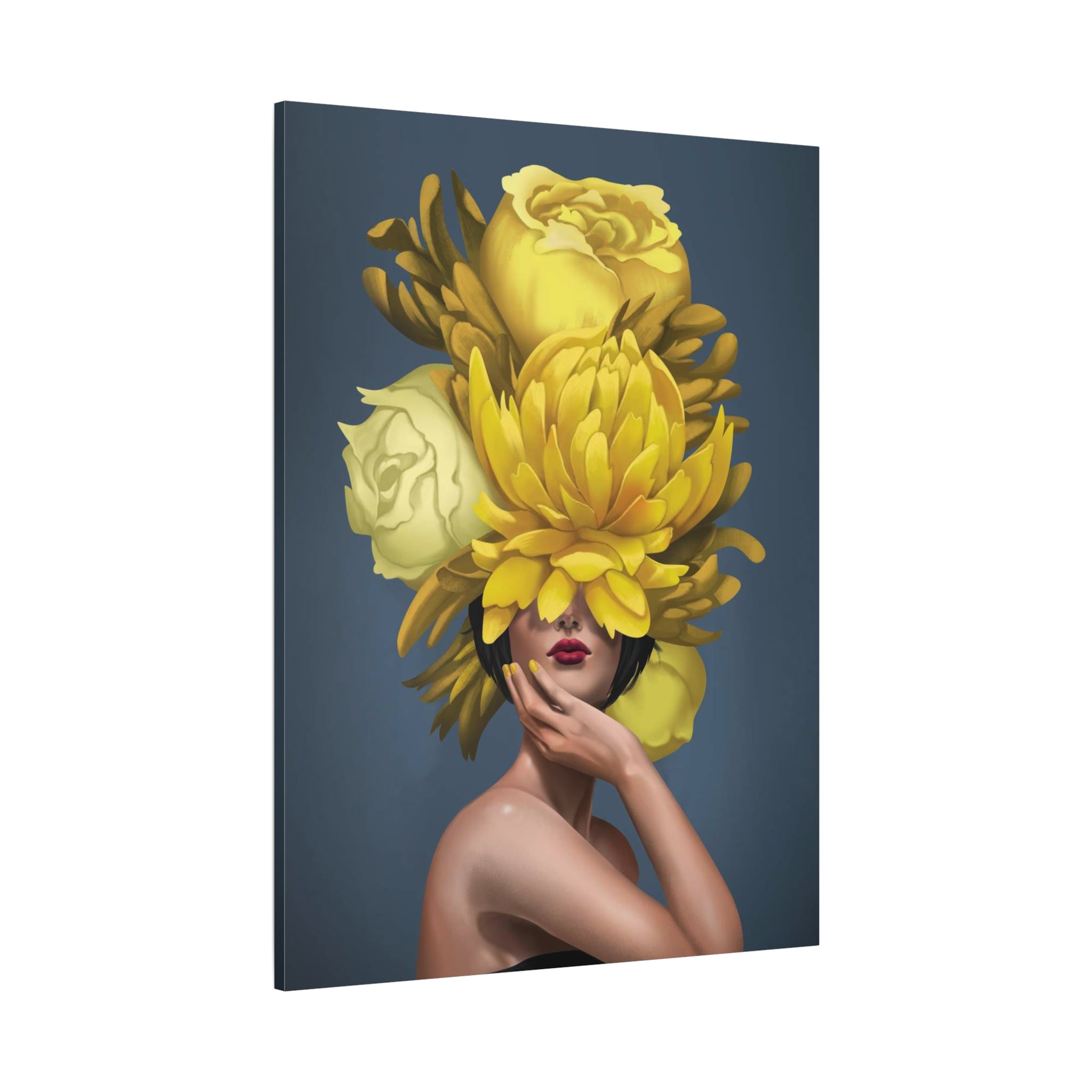 Yellow Floral Femme Canvas Wall Art — Modern Portrait with Giant Flowers 