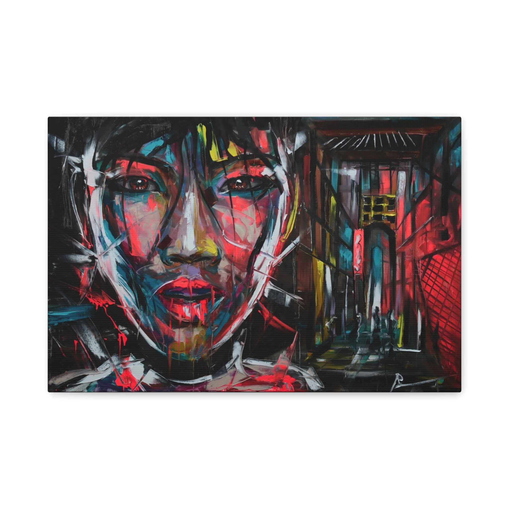 Abstract Neon Portrait Canvas — Urban Asian Street Art Matte Stretched Wall Art 