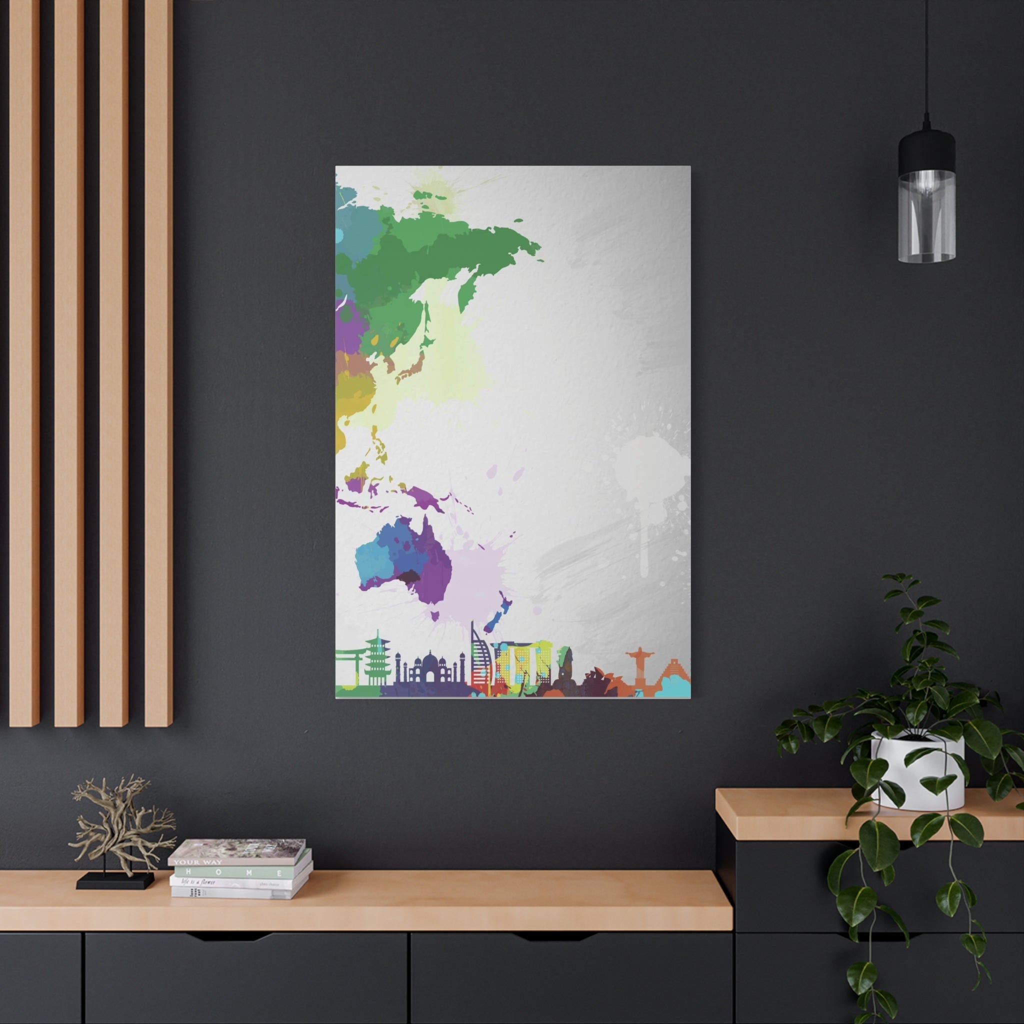 World Map Silhouette Canvas – Colorful Travel Skyline Wall Art