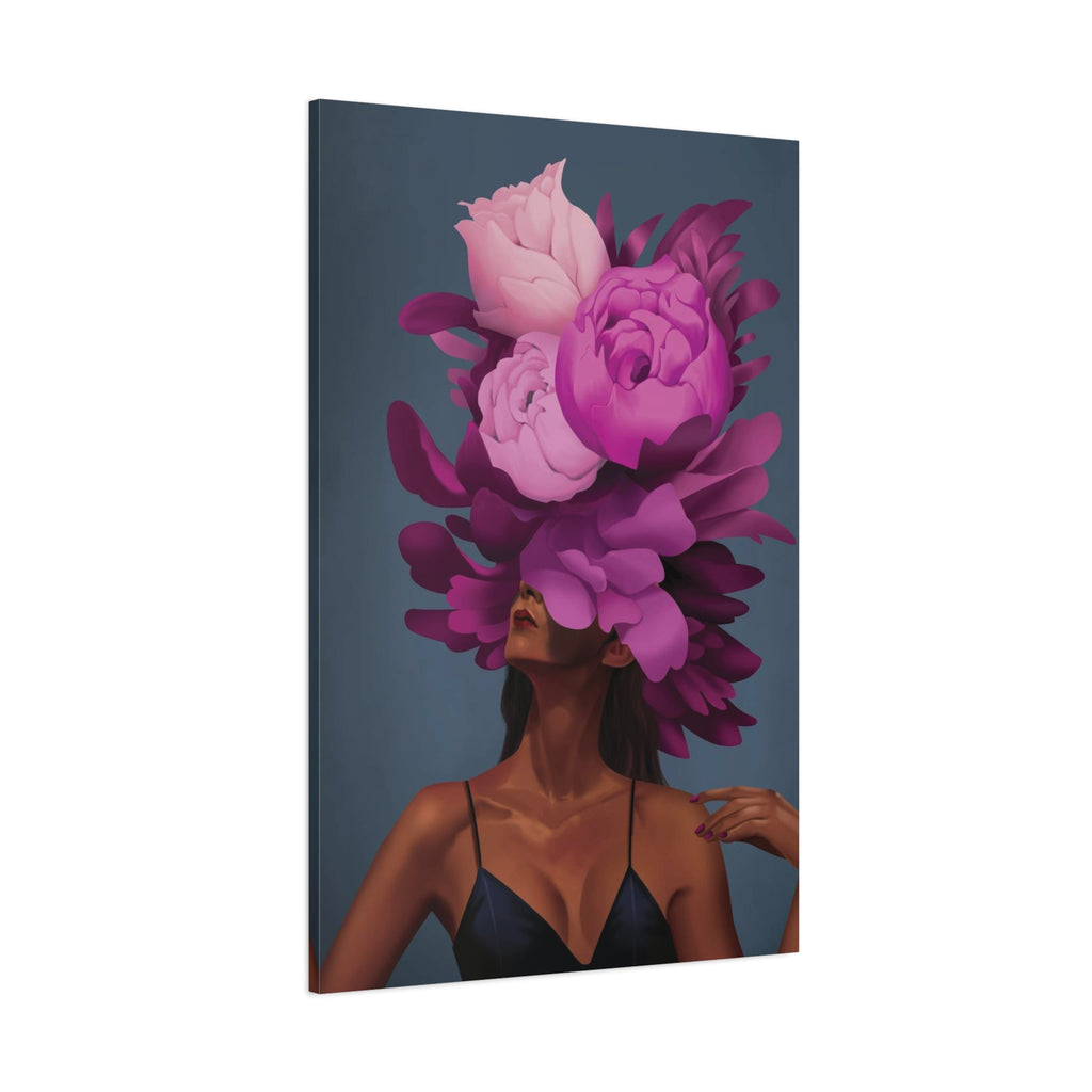 Floral Portrait Canvas Print — Woman with Oversized Pink Peony Hat (Matte Stretched) 