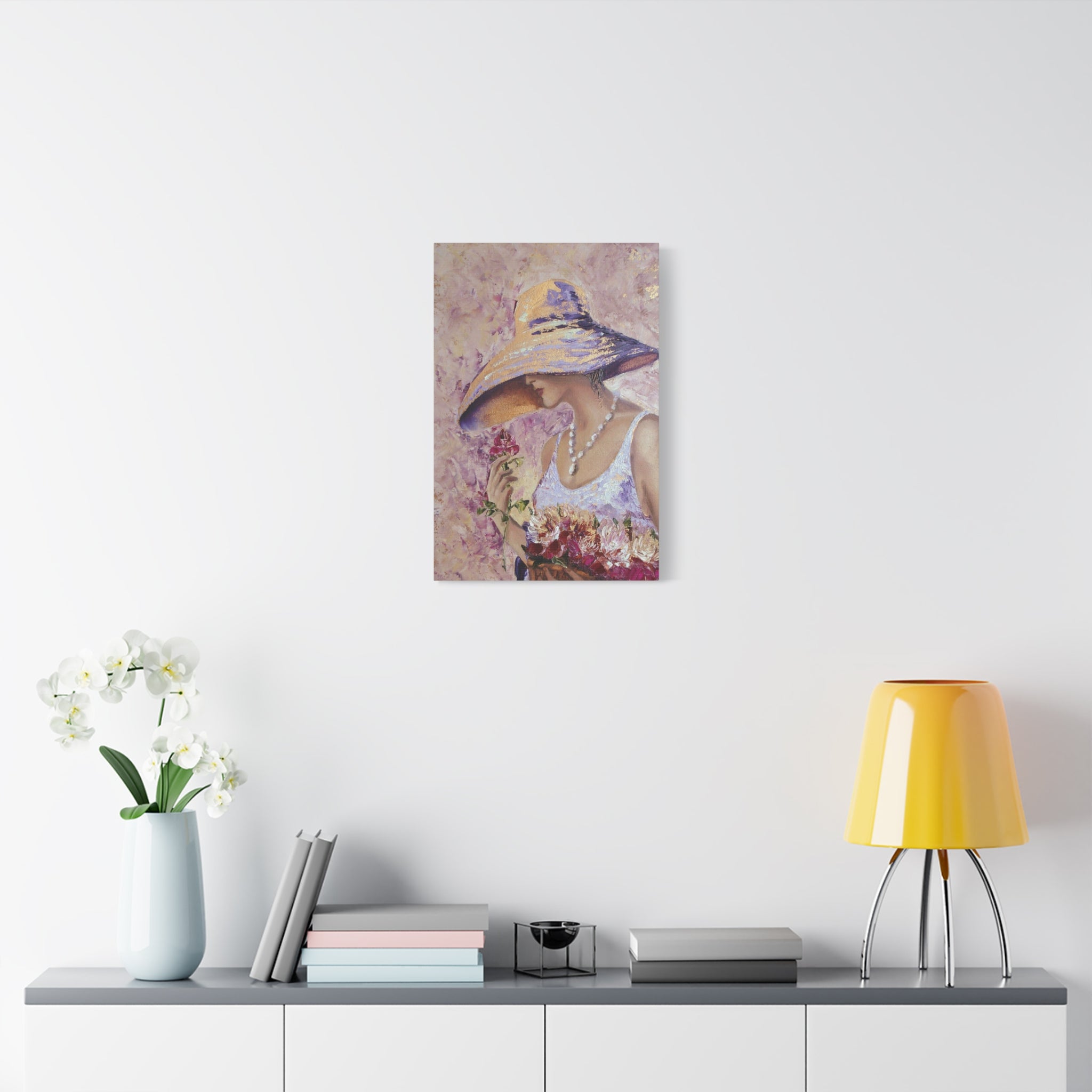 Floral Lady in Wide Brim Hat — Matte Stretched Canvas Wall Art