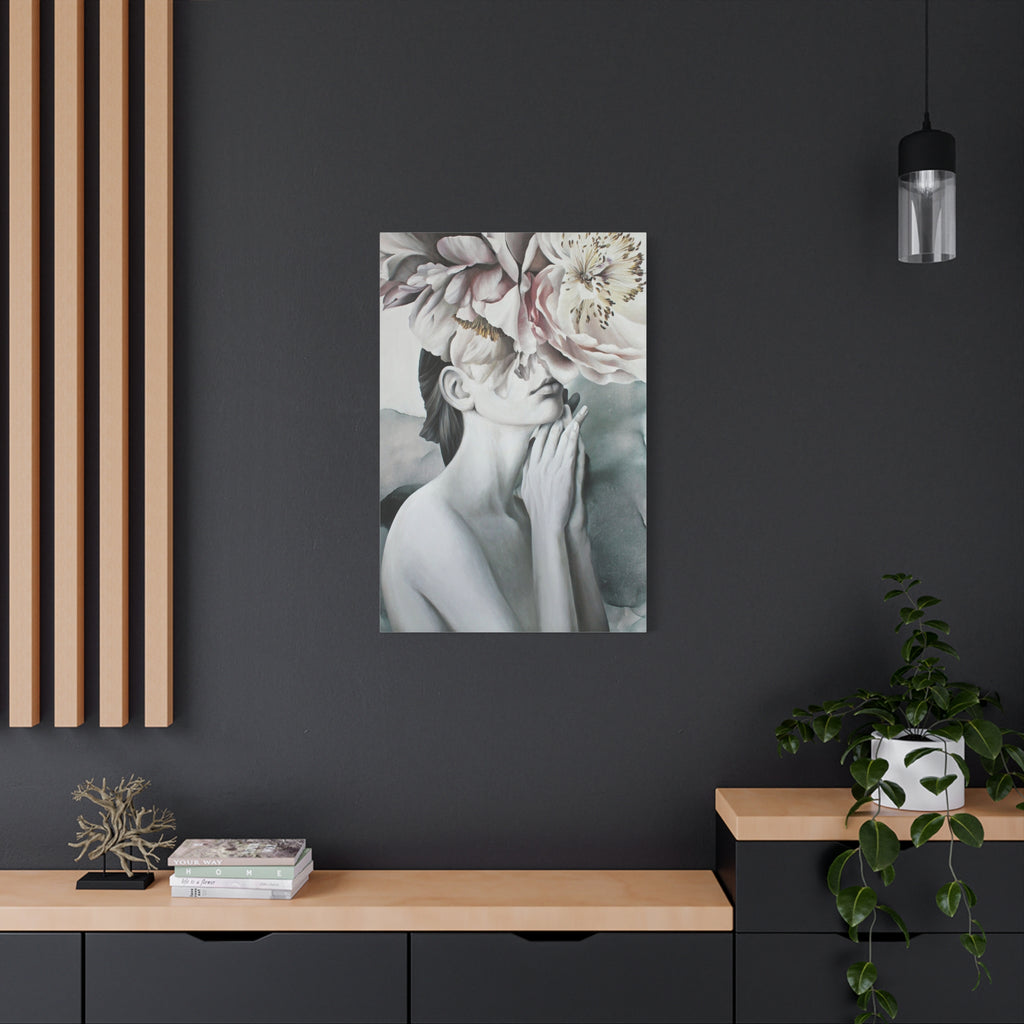 Floral Reverie Matte Canvas Print — Woman with Peony Art 