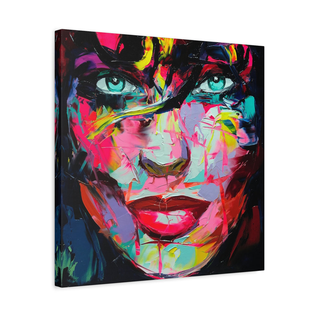 Colorful Abstract Portrait Canvas Print — Neon Female Face Matte Stretched Wall Art