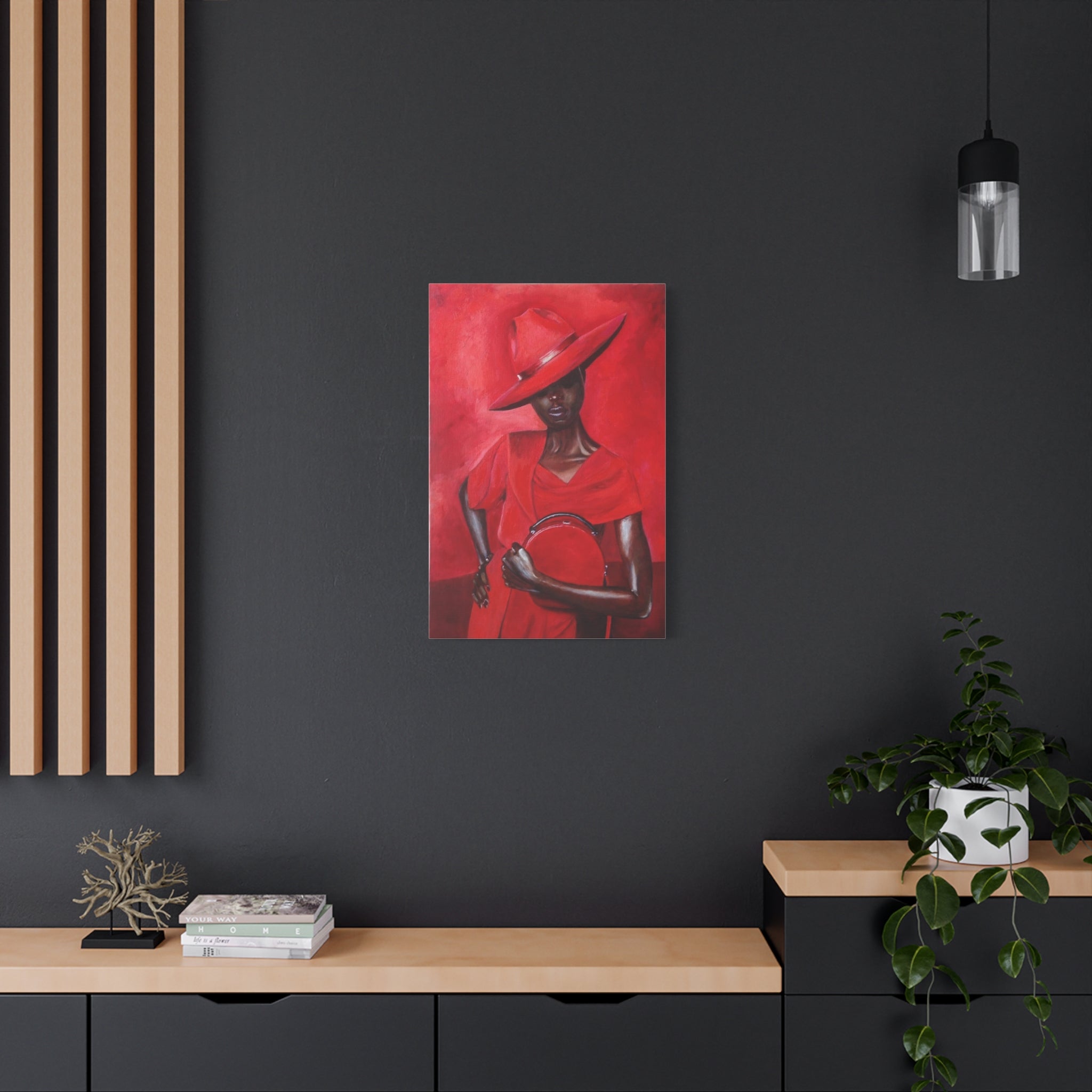 Elegant Red Hat Lady Canvas Print — Fashion Portrait Matte Stretched Wall Art 