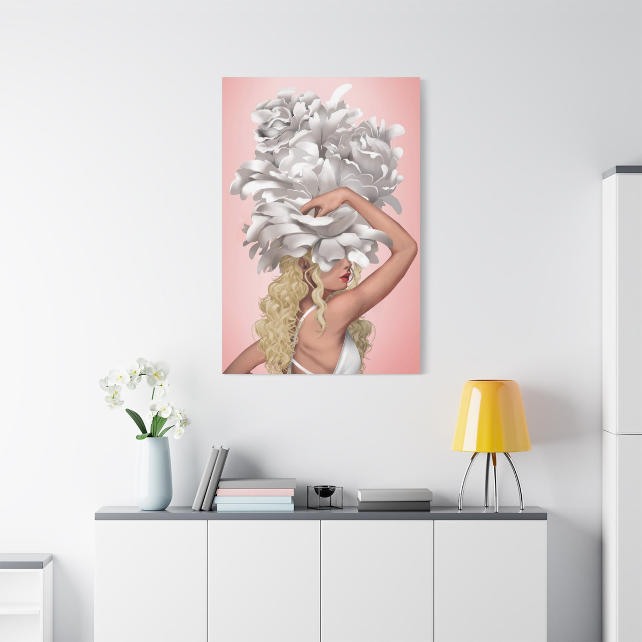 Blushing Muse Floral Canvas Print — Woman with Oversized White Peony Hat