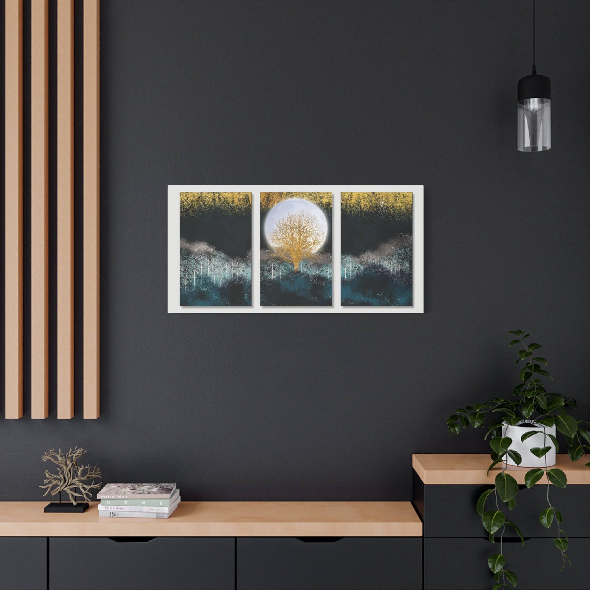Golden Moon Tree Triptych Canvas Print