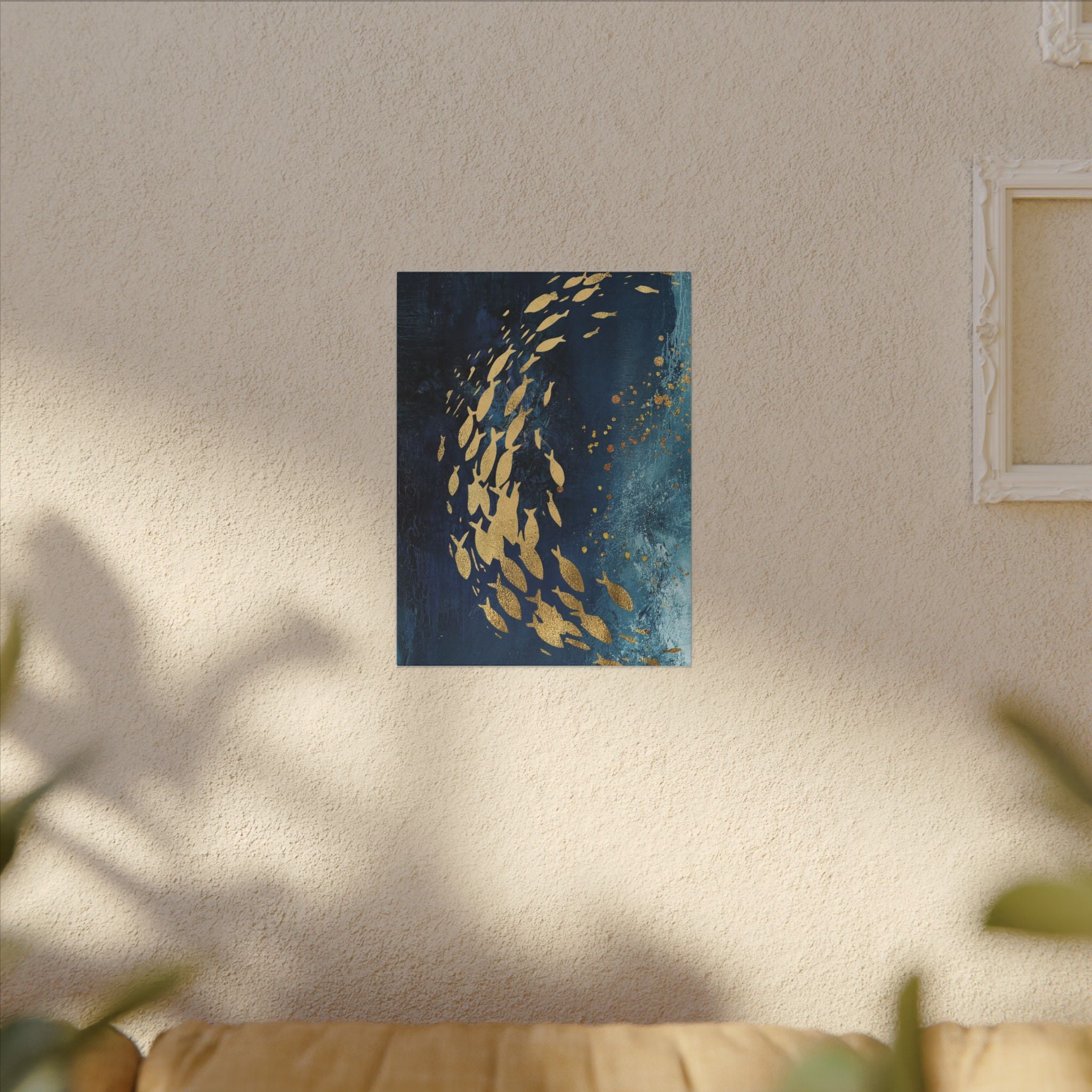 Abstract Gold Fish Canvas — Navy Ocean Wall Art (Matte Stretched)