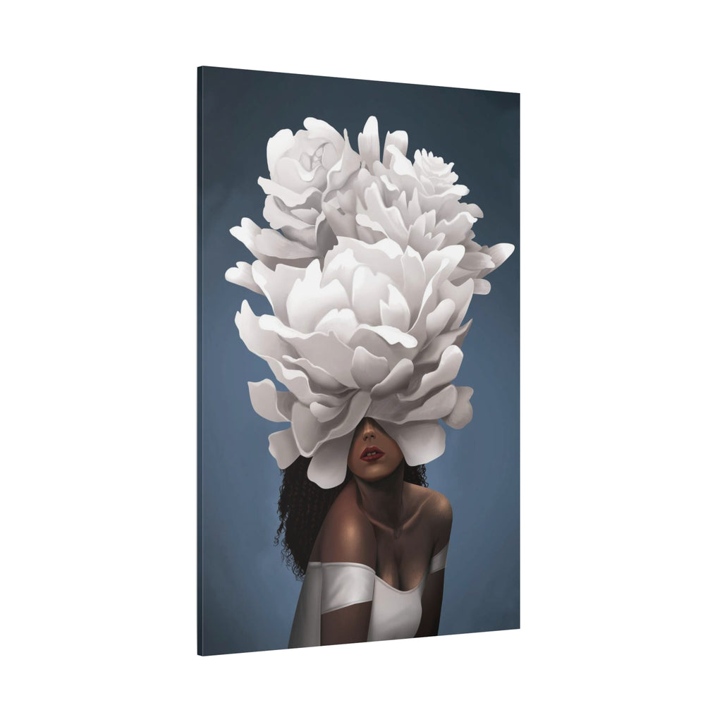 Floral Veil Canvas Wall Art — Elegant Woman with Oversized White Peony 