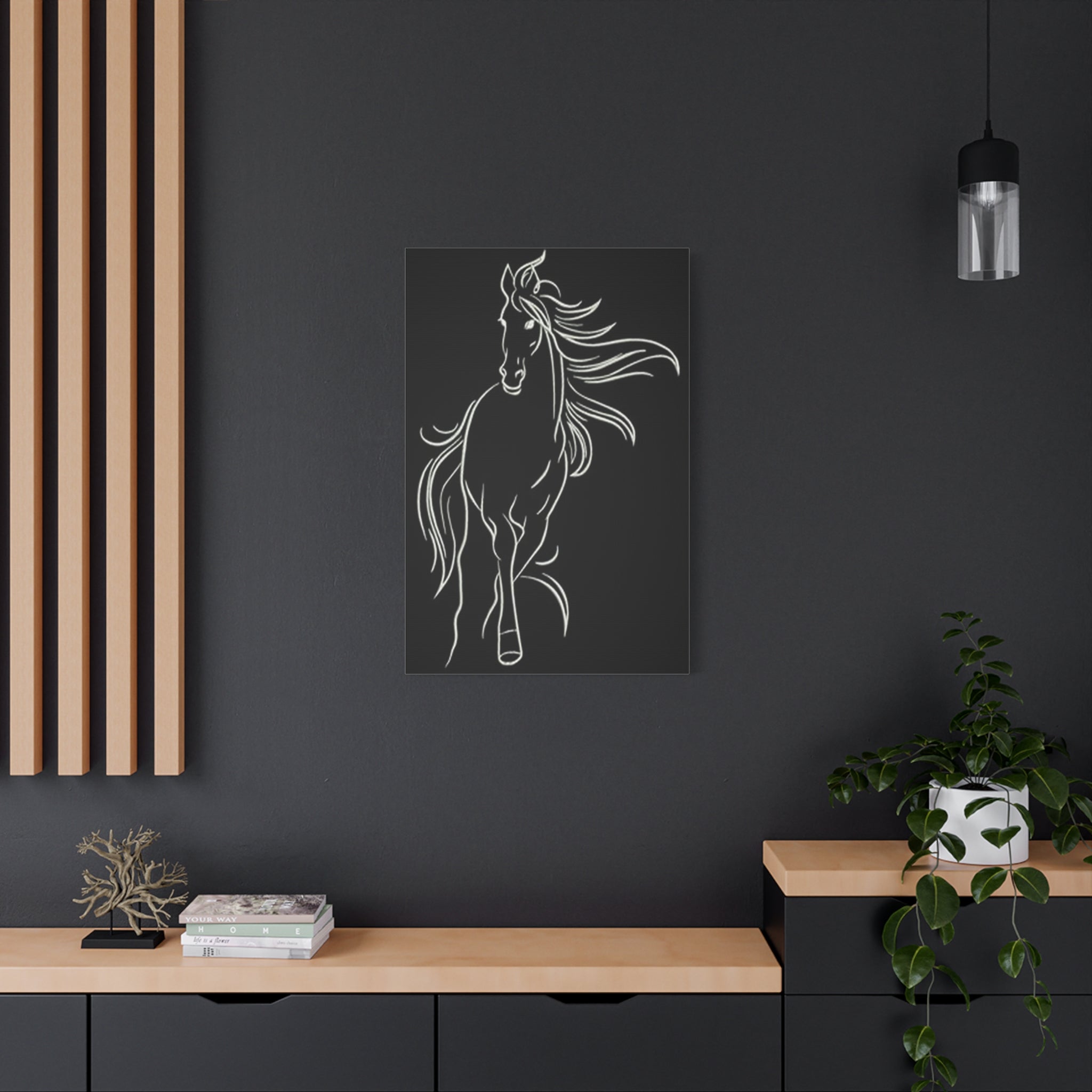 Black Minimalist Horse Canvas - White Line Art Matte Stretched Wall Art 