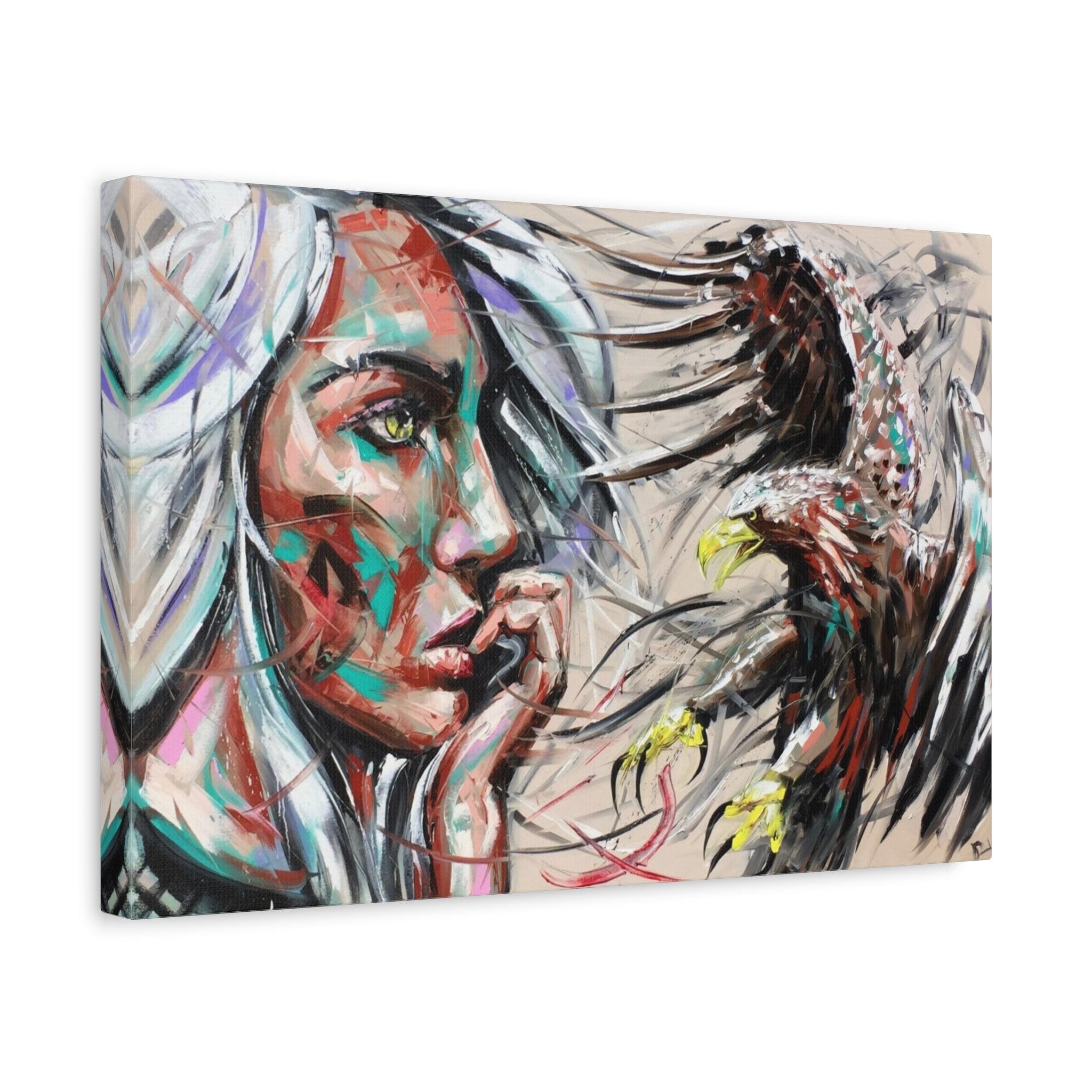 Abstract Woman & Eagle Matte Stretched Canvas Art — Contemporary Tribal Portrait Wall Decor