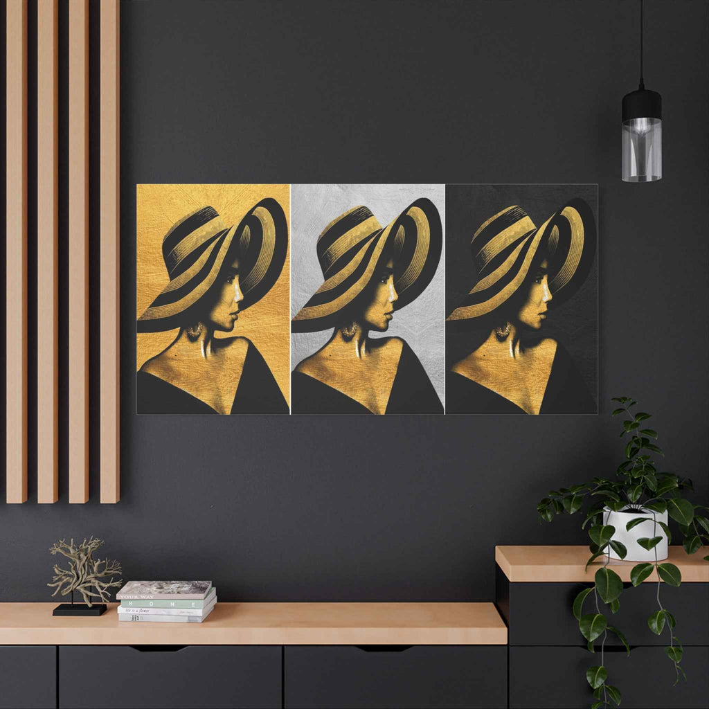 Golden Fashion Woman Portrait Triptych Canvas Wall Art – Luxury Decor