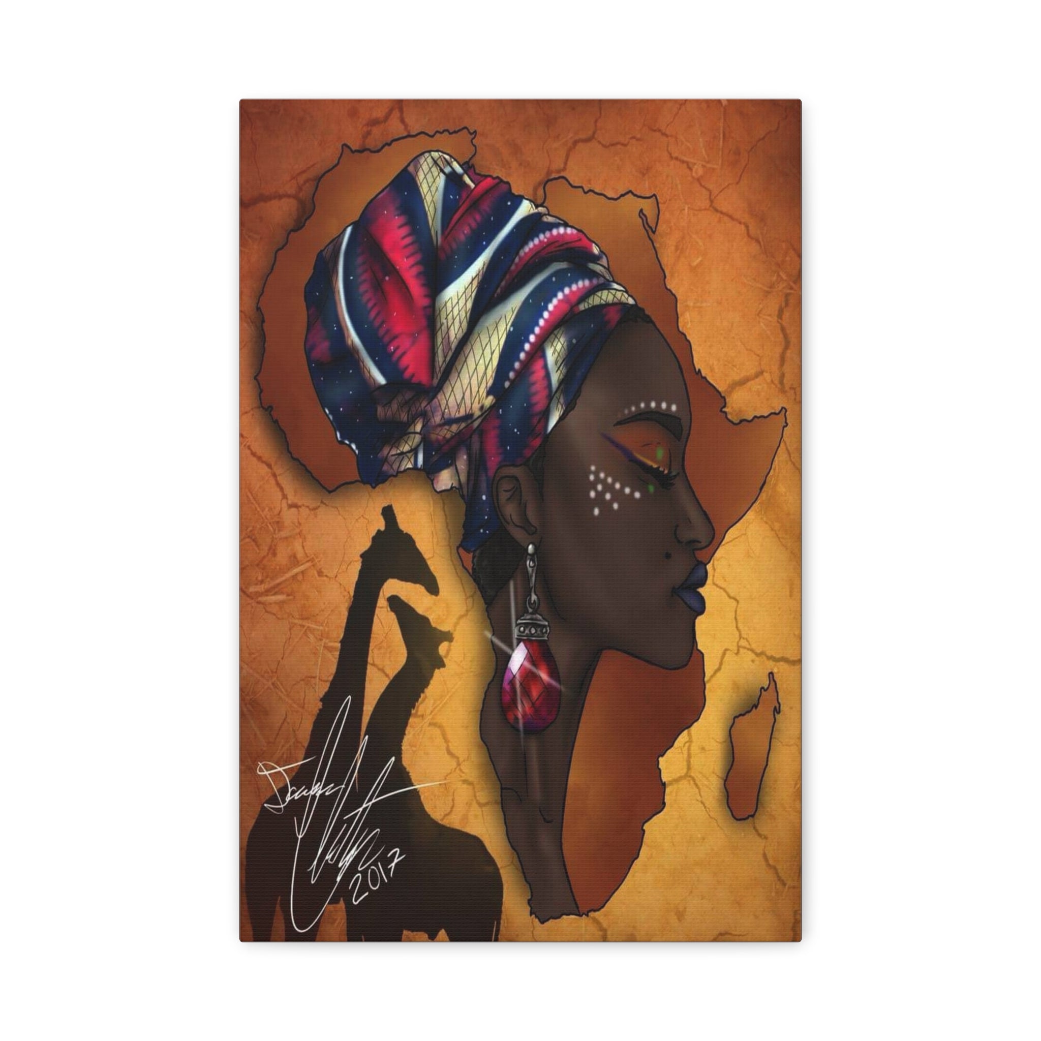 African Queen Canvas Wall Art — Profile Portrait with Giraffe Silhouette 