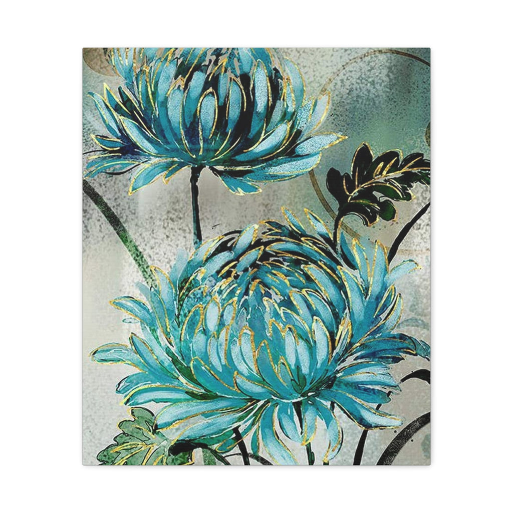 Blue Chrysanthemum Wall Art – Matte Stretched Floral Canvas Print - TheKaraHan