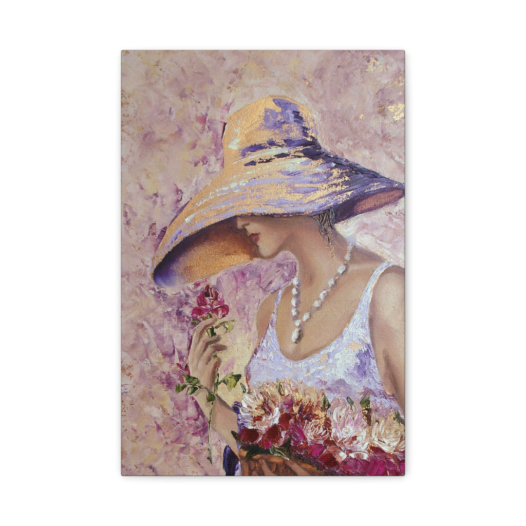 Floral Lady in Wide Brim Hat — Matte Stretched Canvas Wall Art