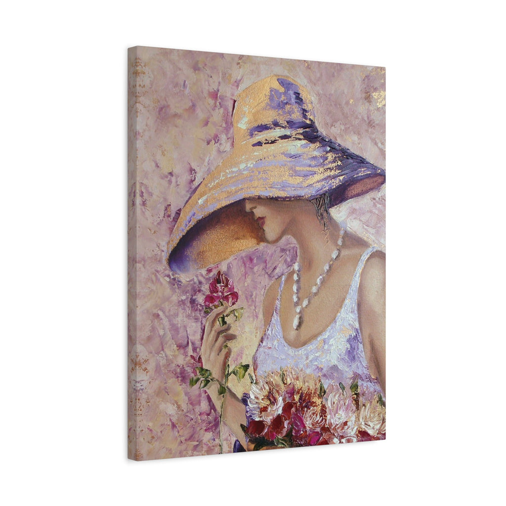 Floral Lady in Wide Brim Hat — Matte Stretched Canvas Wall Art
