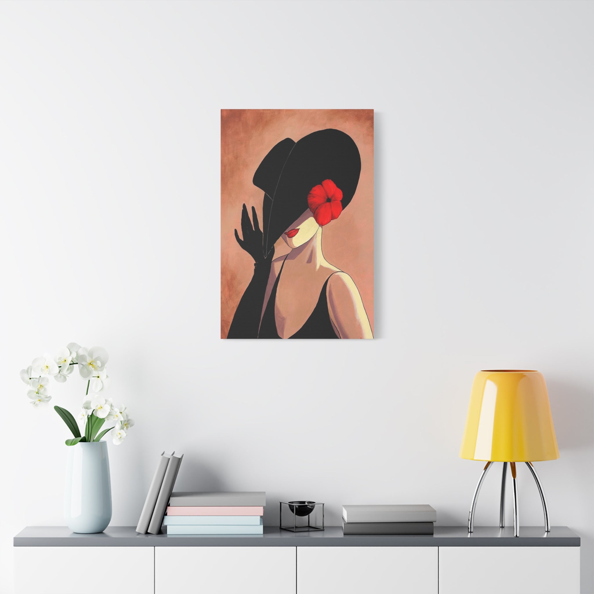 Elegant Lady with Black Hat Canvas Art — Red Flower Portrait 