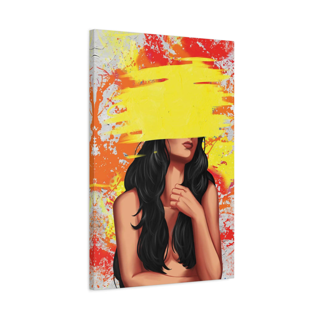 Abstract Femme Nude Canvas Art – Yellow Paint Stroke Portrait 