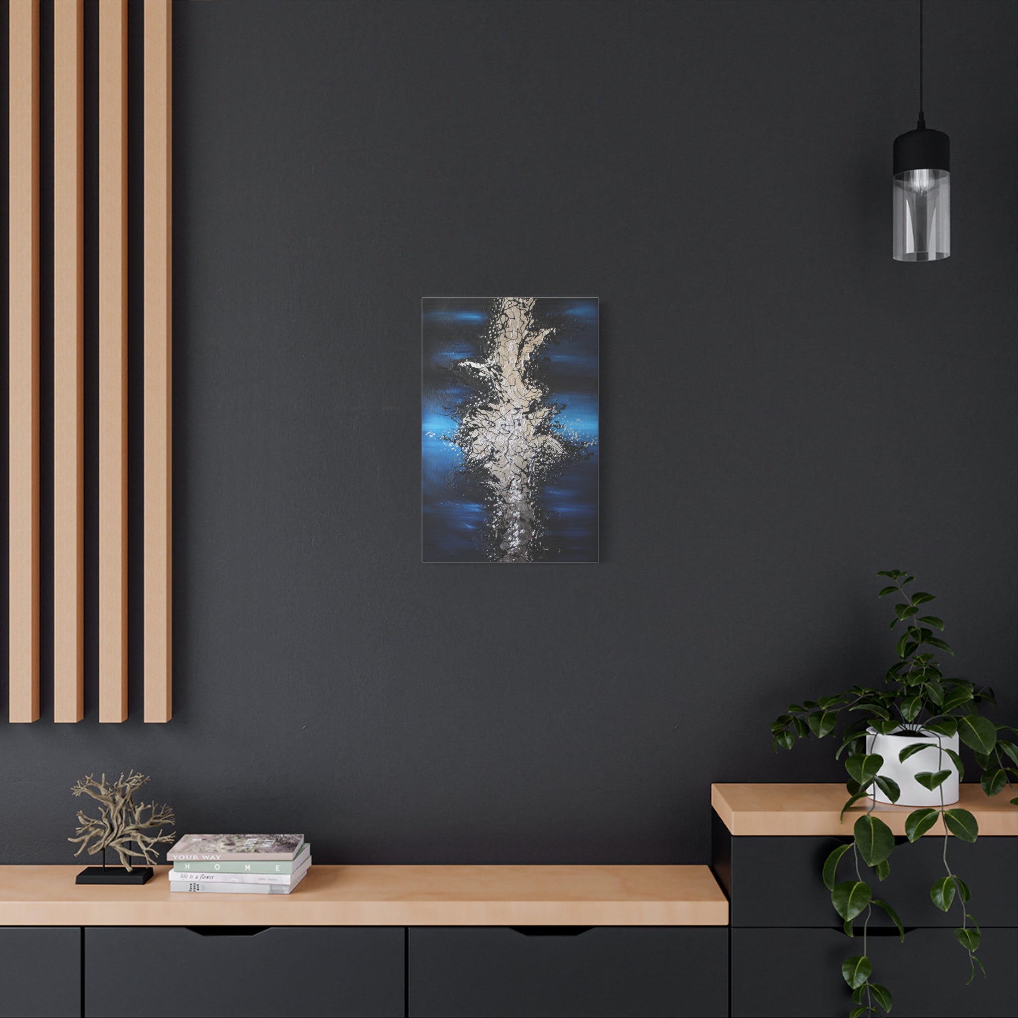 Abstract Oceanic Burst Canvas Print — Blue & Silver Matte Stretched Wall Art