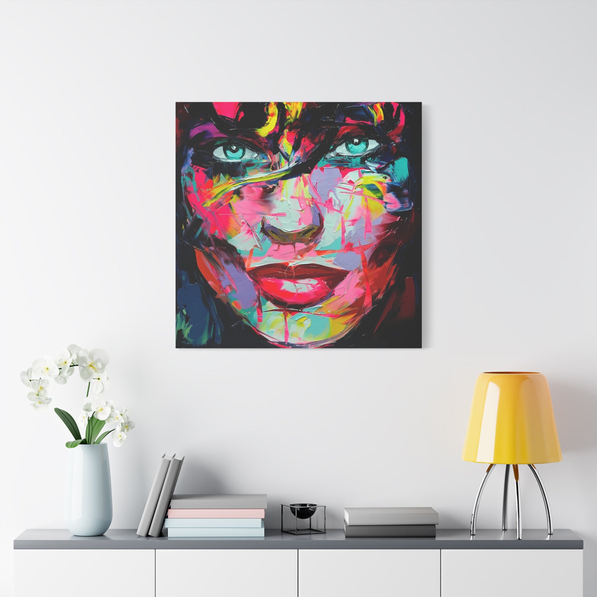 Colorful Abstract Portrait Canvas Print — Neon Female Face Matte Stretched Wall Art