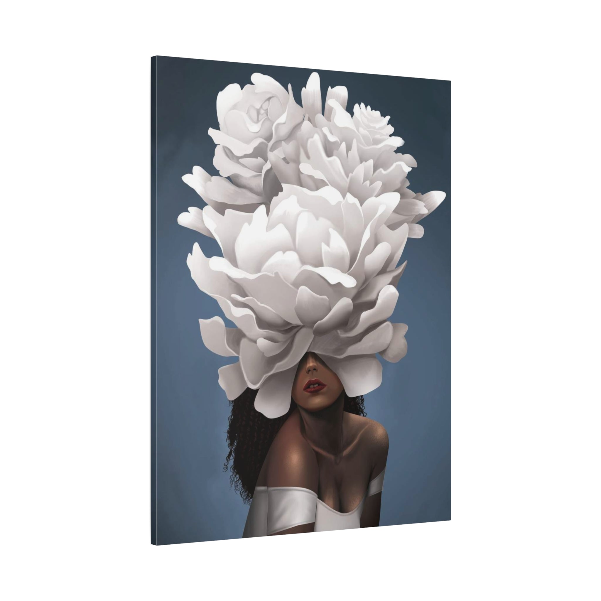 Floral Veil Canvas Wall Art — Elegant Woman with Oversized White Peony 