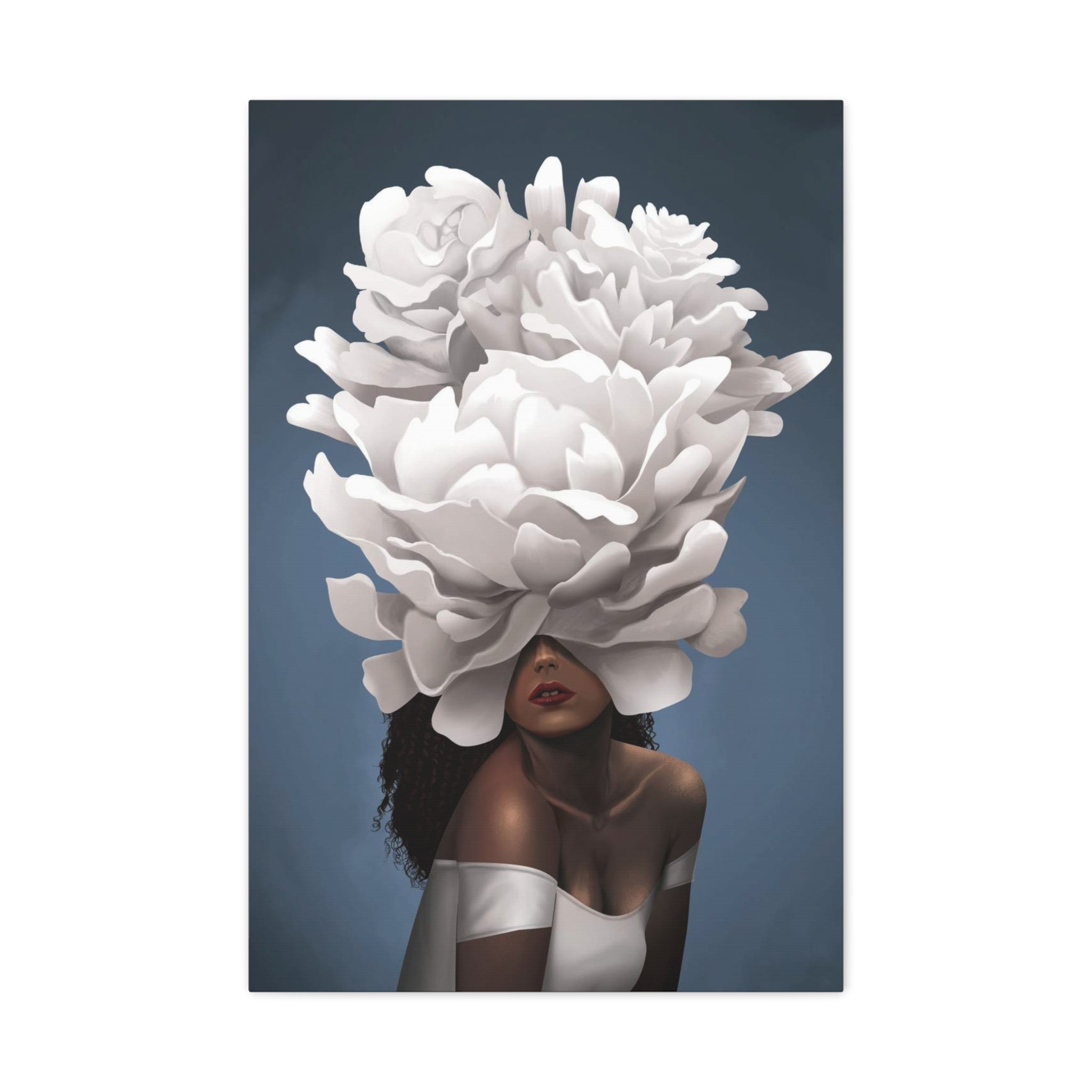 Floral Veil Canvas Wall Art — Elegant Woman with Oversized White Peony 
