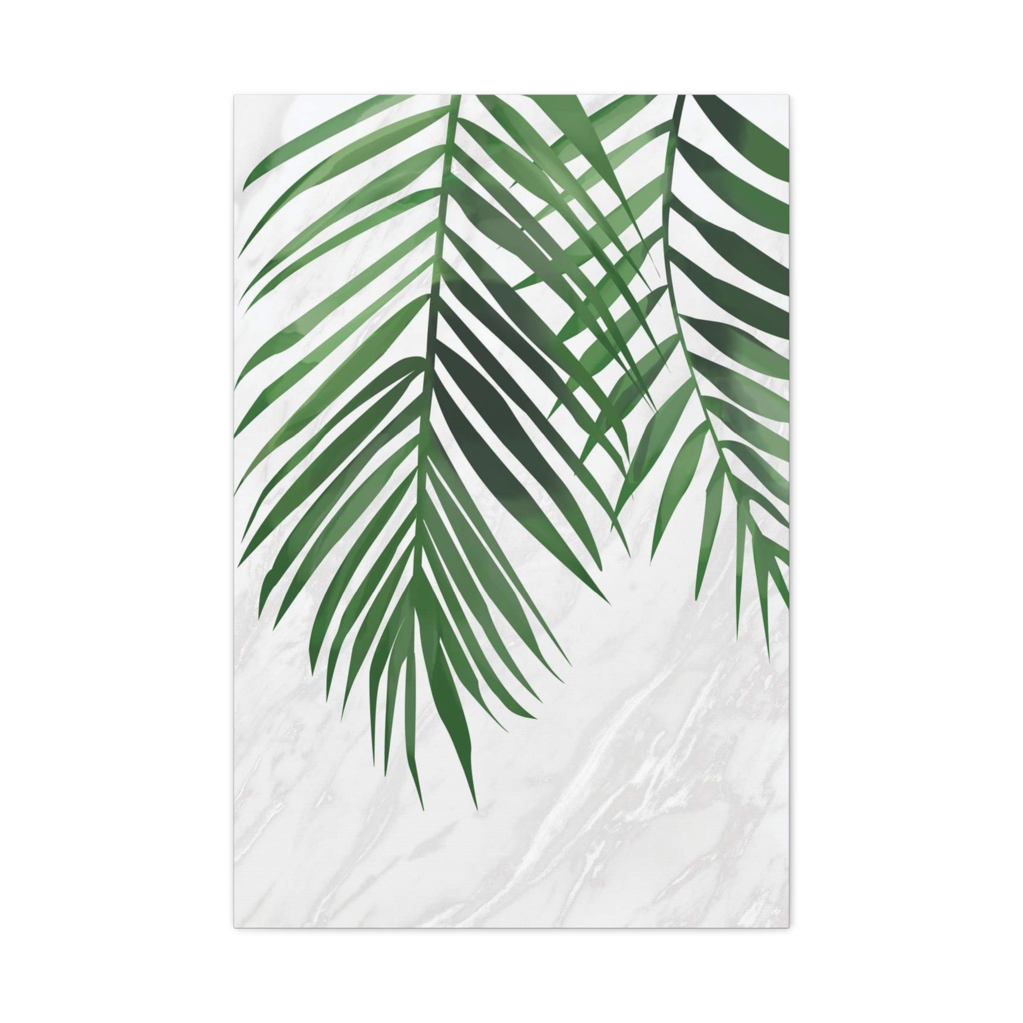 Tropical Palm Leaf Canvas Wall Art — Green Palm Fronds on Marble Matte Canvas 