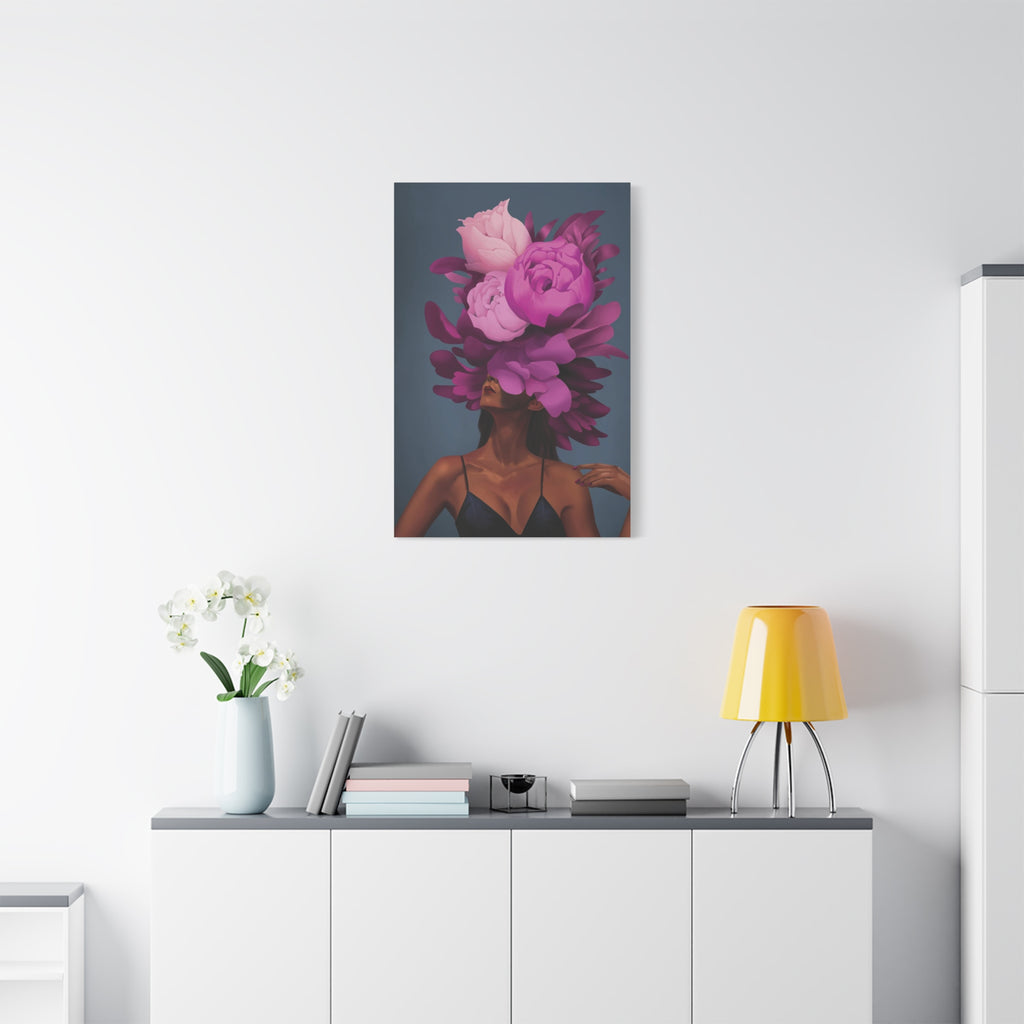 Floral Portrait Canvas Print — Woman with Oversized Pink Peony Hat (Matte Stretched) 