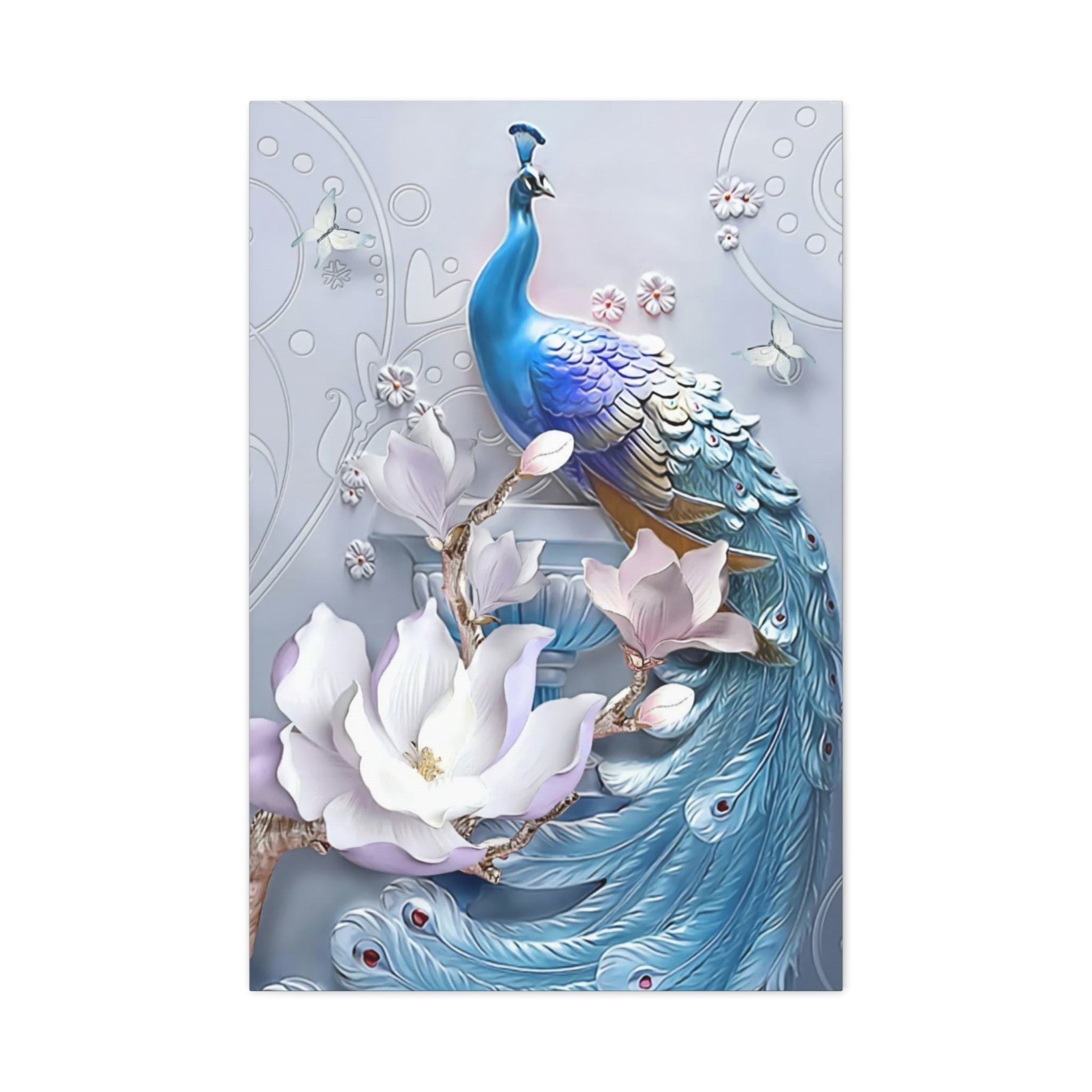 Blue Peacock Floral Canvas Wall Art — Matte Stretched 1.25" 