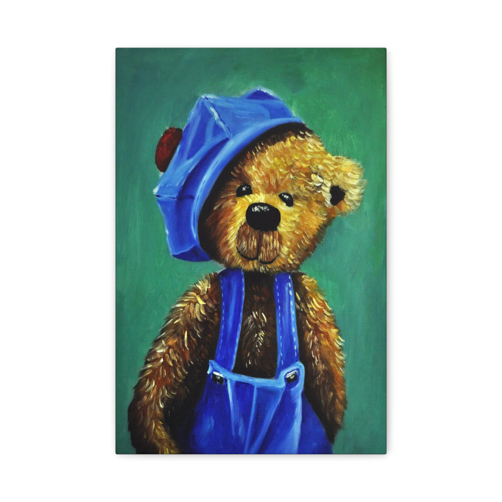 Teddy Bear Canvas Print — Cute Blue Overalls Nursery Wall Art 