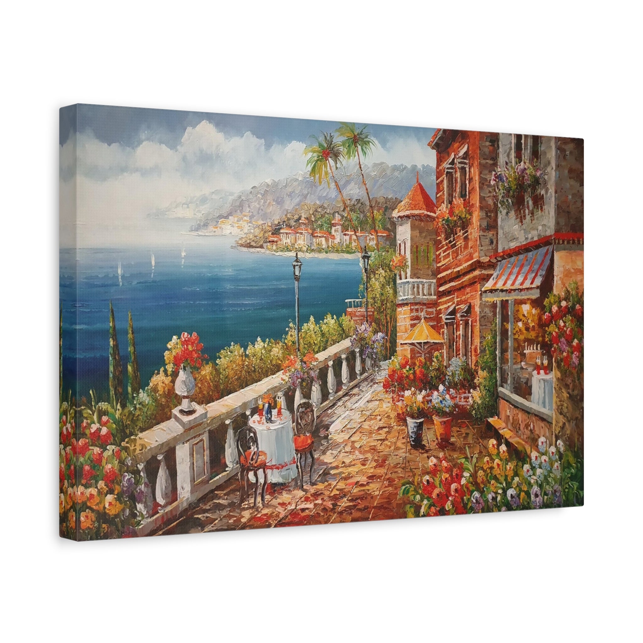Coastal Villa Seaside Canvas Print — Mediterranean Terrace Wall Art, Matte Stretched 1.25" 