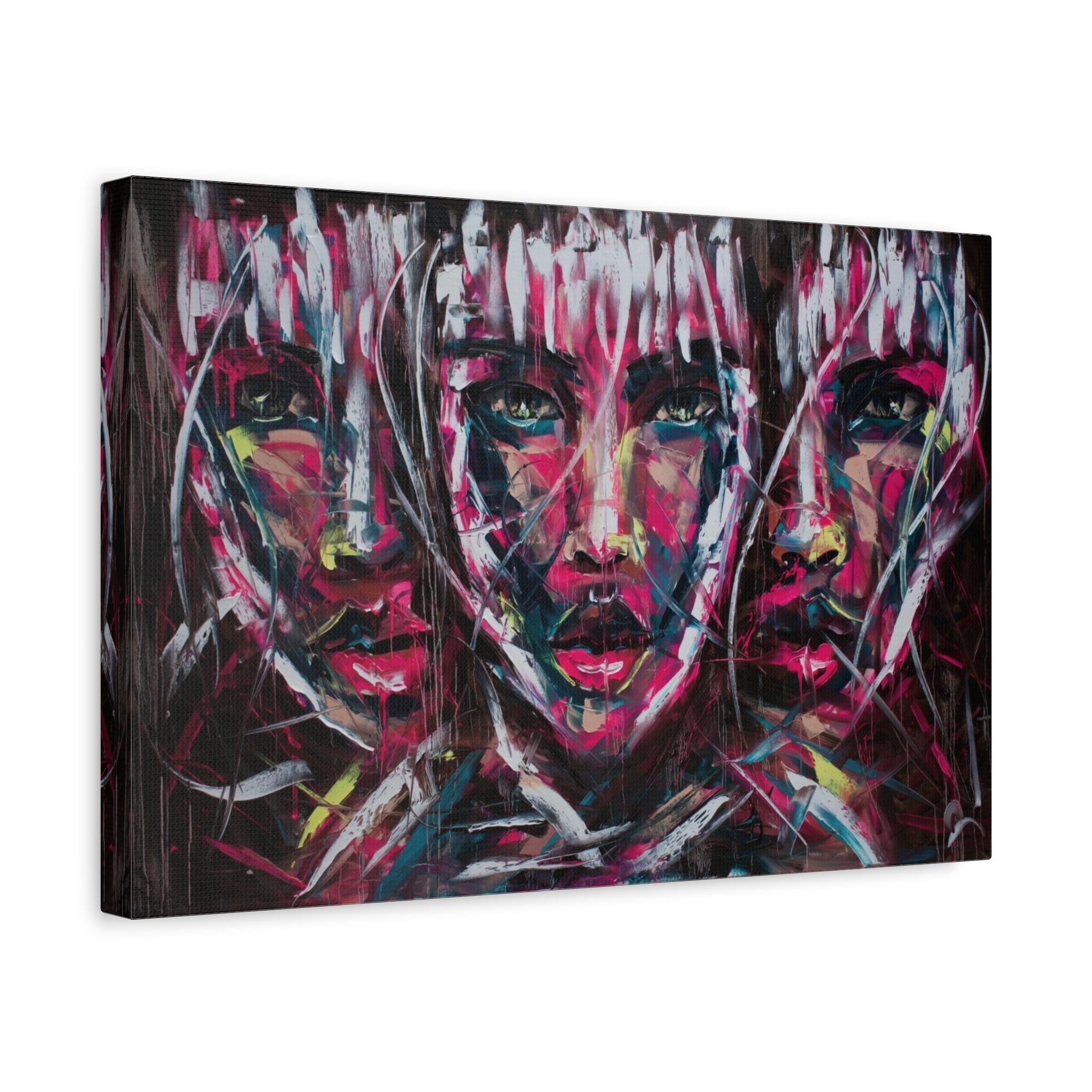 Abstract Triple Portrait Matte Canvas Wall Art — Vibrant Expressionist Faces, Stretched 1.25" 